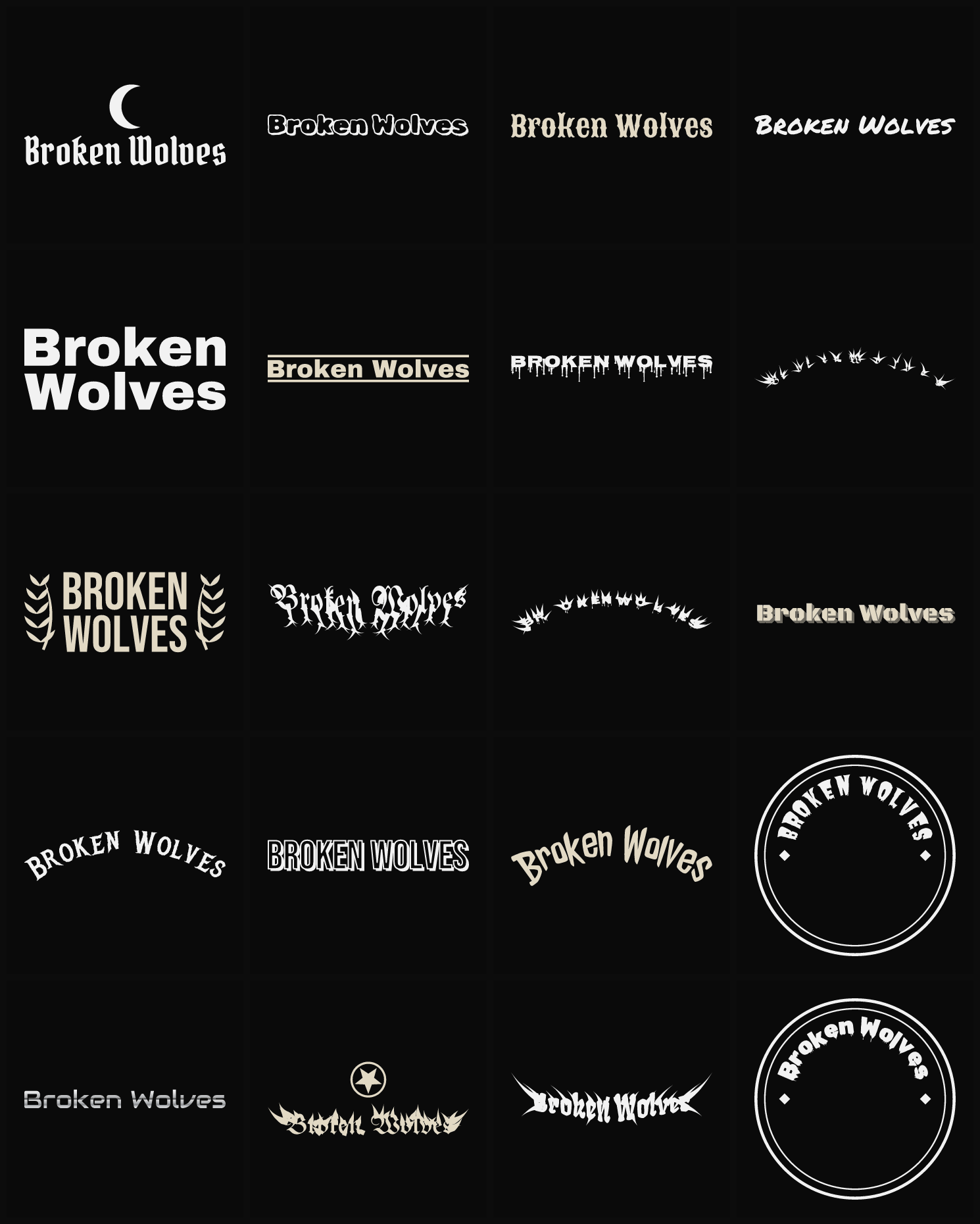Twenty Broken Wolves band logo ideas — different faces, treatments and spike settings
