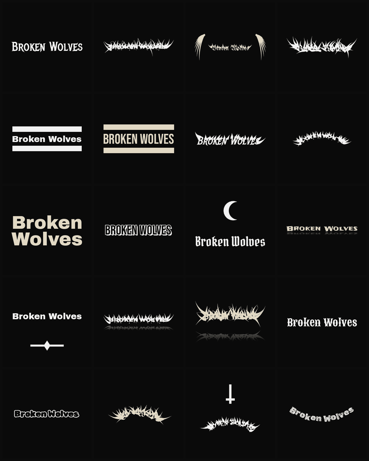 Twenty Broken Wolves band logo ideas — different faces, treatments and spike settings
