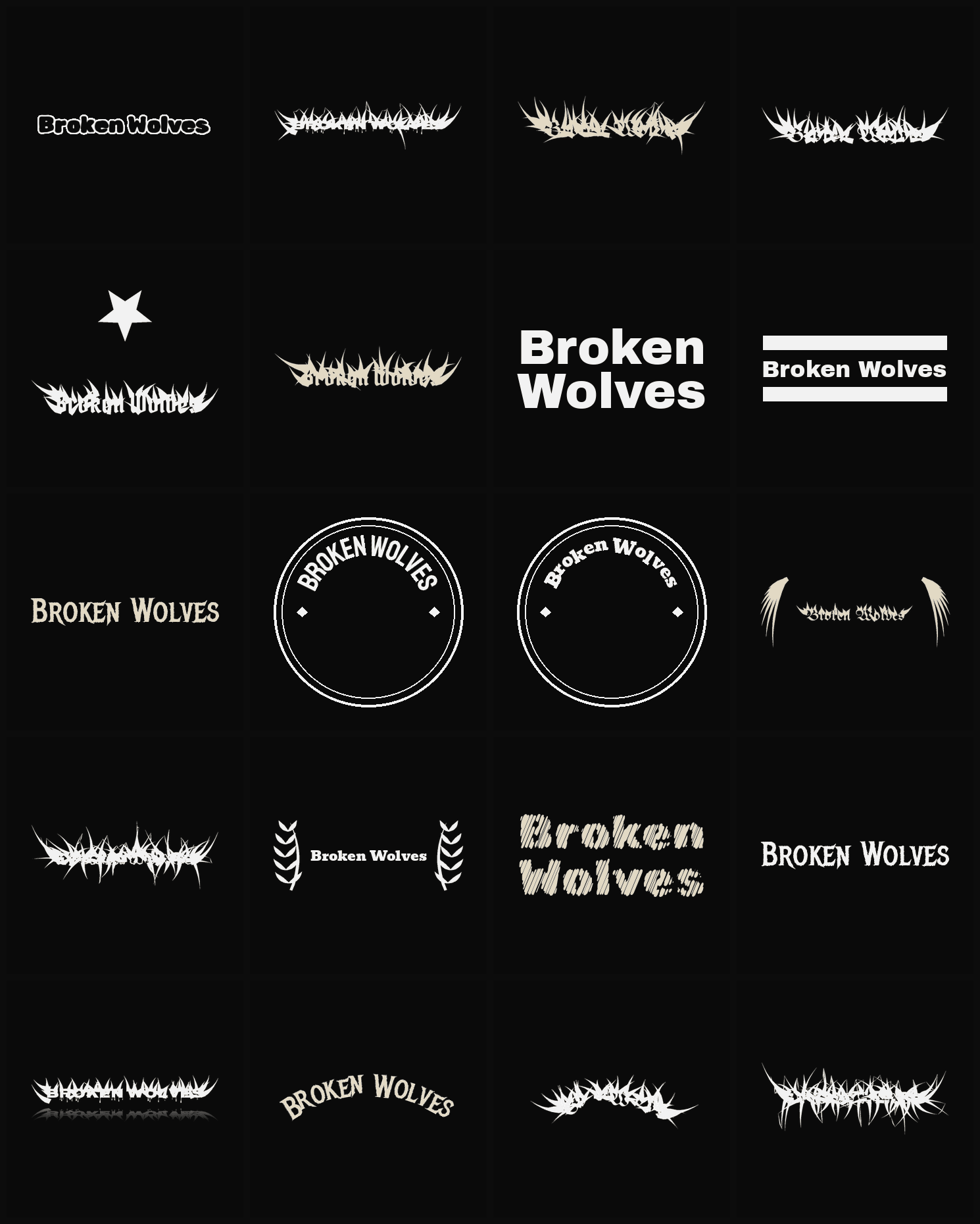 Twenty Broken Wolves band logo ideas — different faces, treatments and spike settings