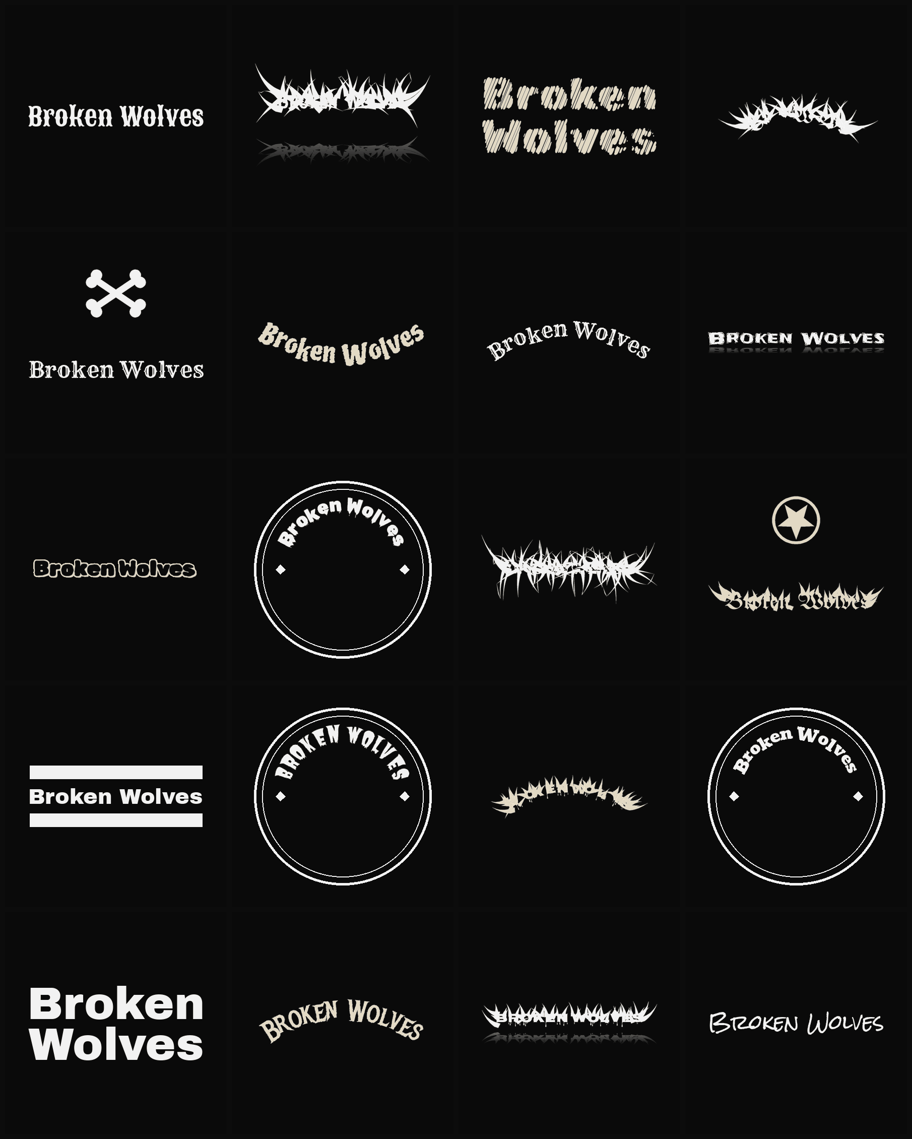 Twenty Broken Wolves band logo ideas — different faces, treatments and spike settings
