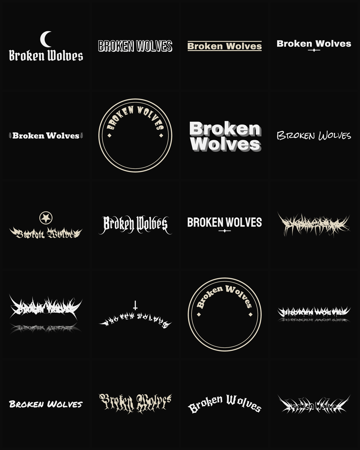Twenty Broken Wolves band logo ideas — different faces, treatments and spike settings