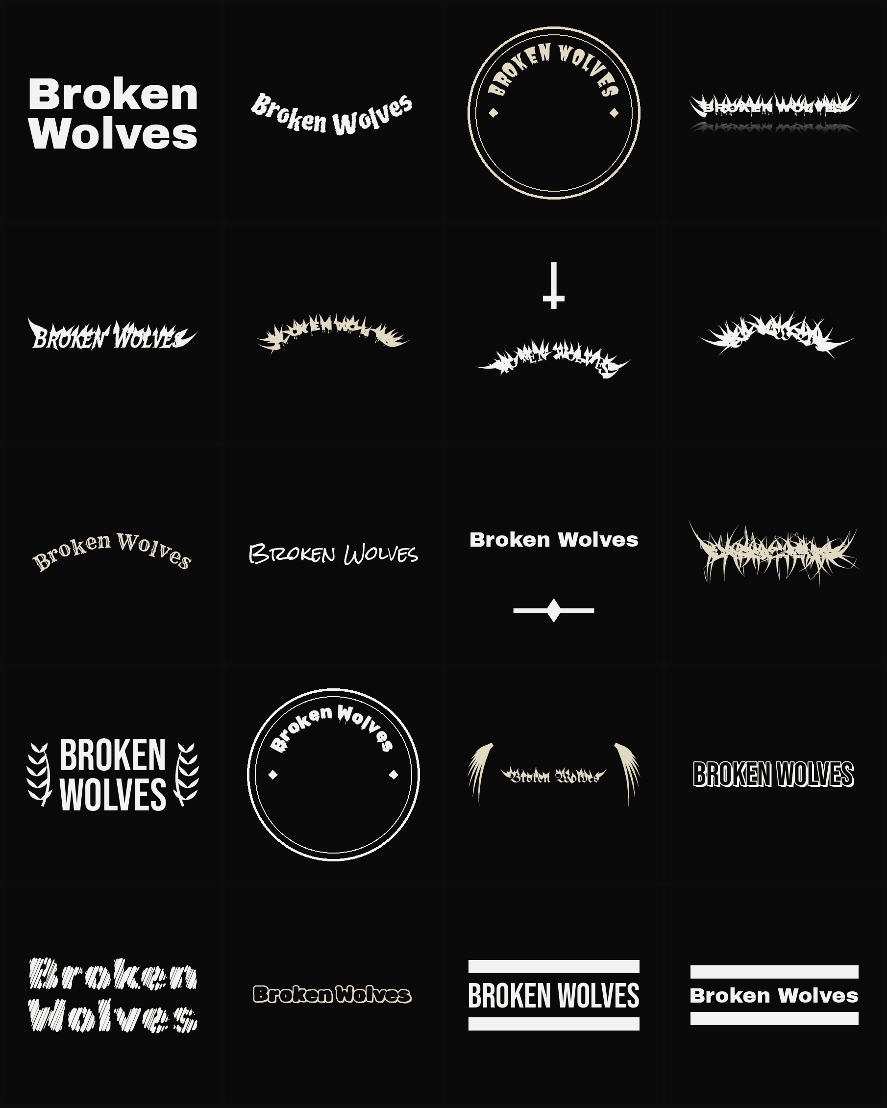 Twenty Broken Wolves band logo ideas — different faces, treatments and spike settings