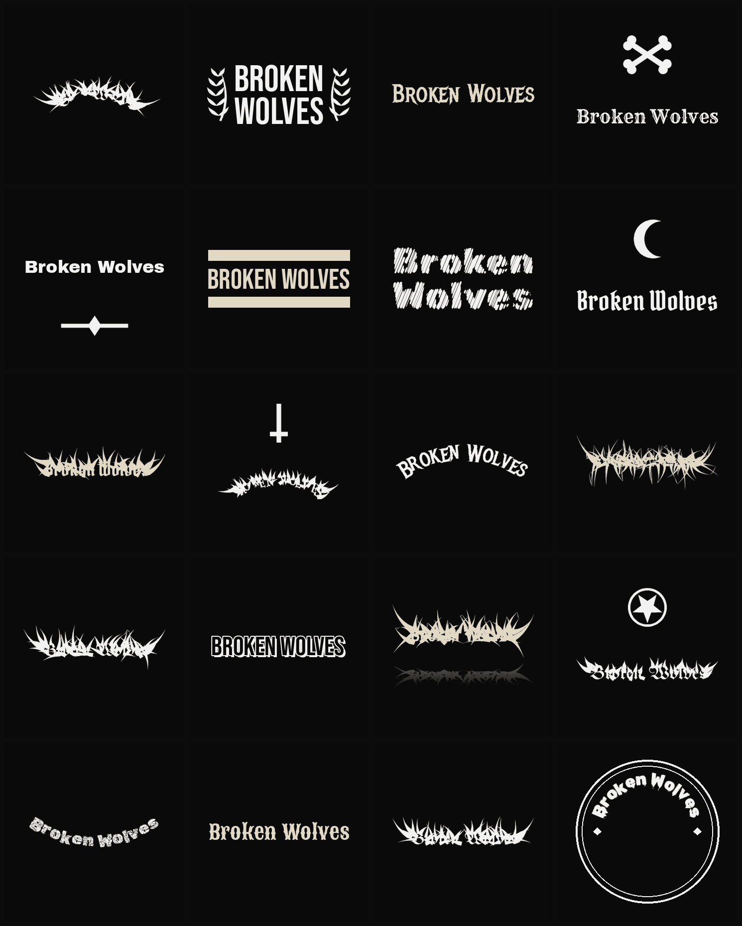 Twenty Broken Wolves band logo ideas — different faces, treatments and spike settings