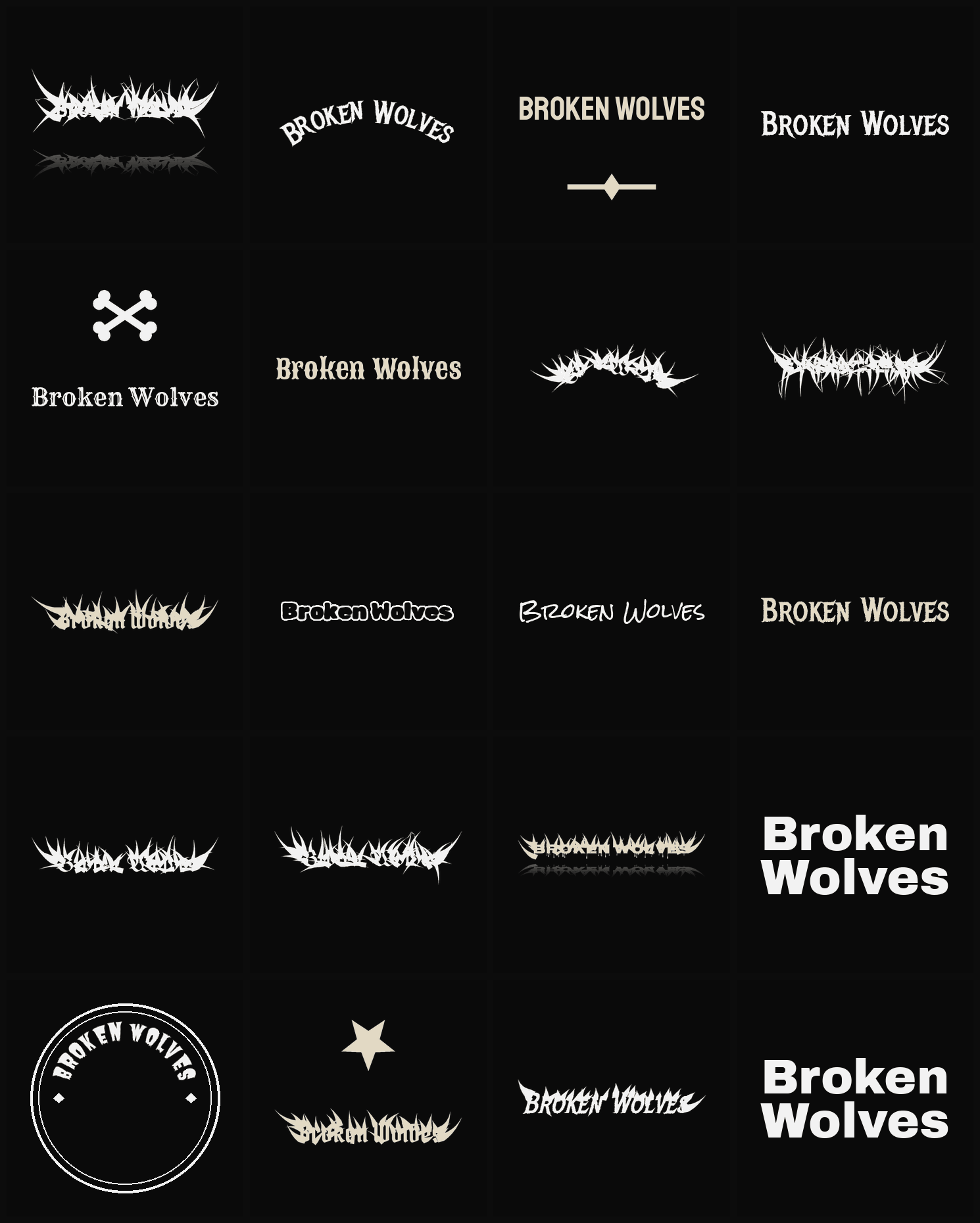 Twenty Broken Wolves band logo ideas — different faces, treatments and spike settings