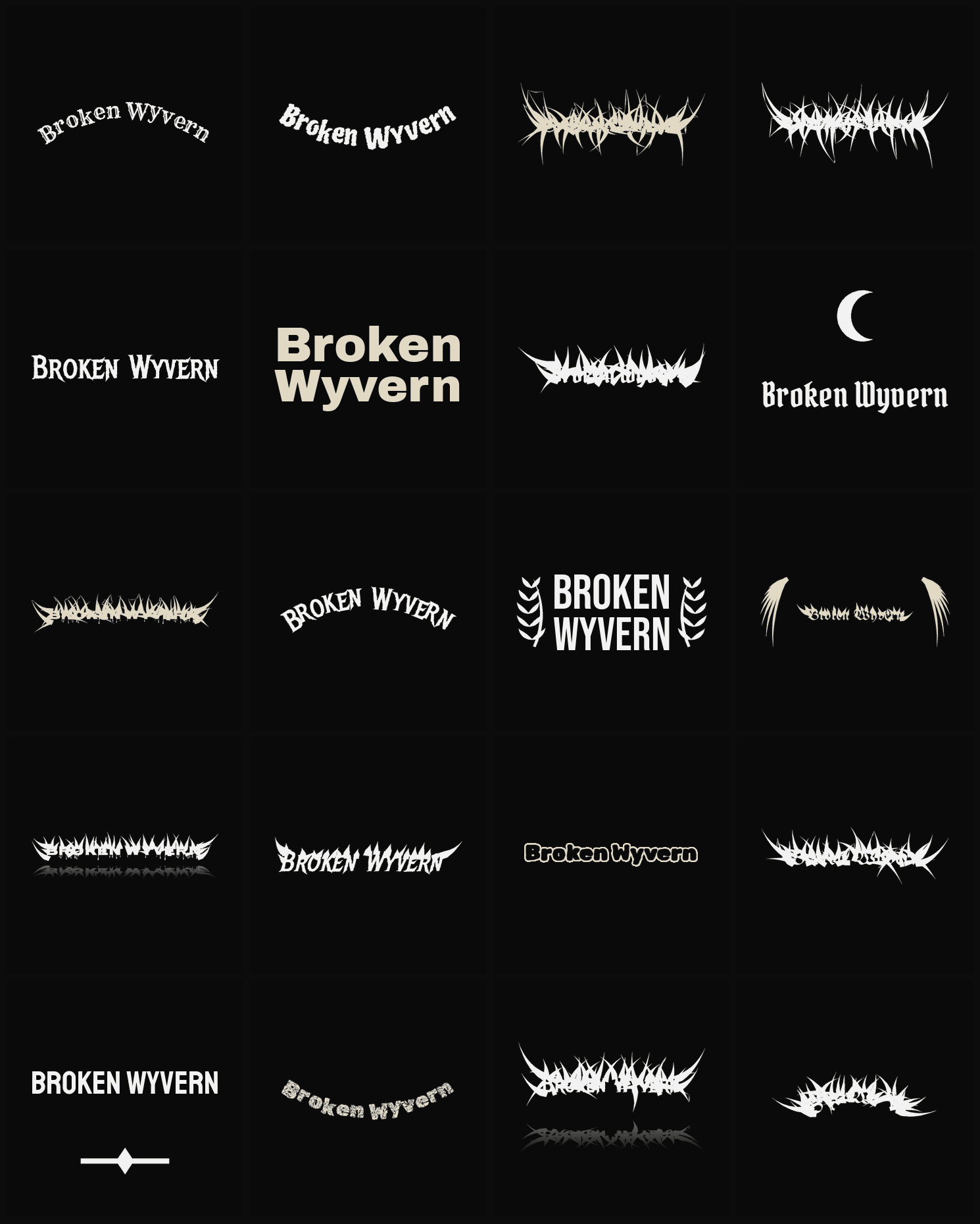 Twenty Broken Wyvern band logo ideas — different faces, treatments and spike settings