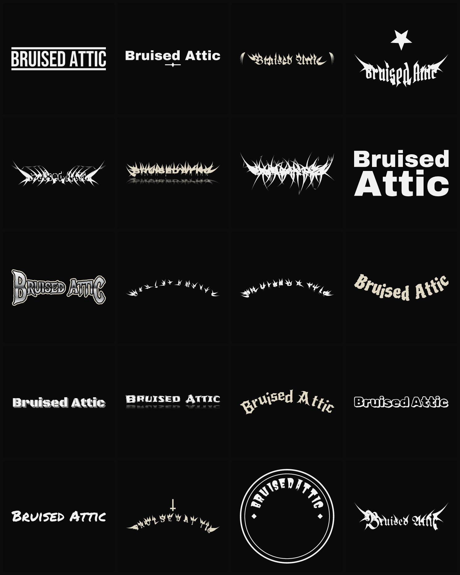 Twenty Bruised Attic band logo ideas — different faces, treatments and spike settings