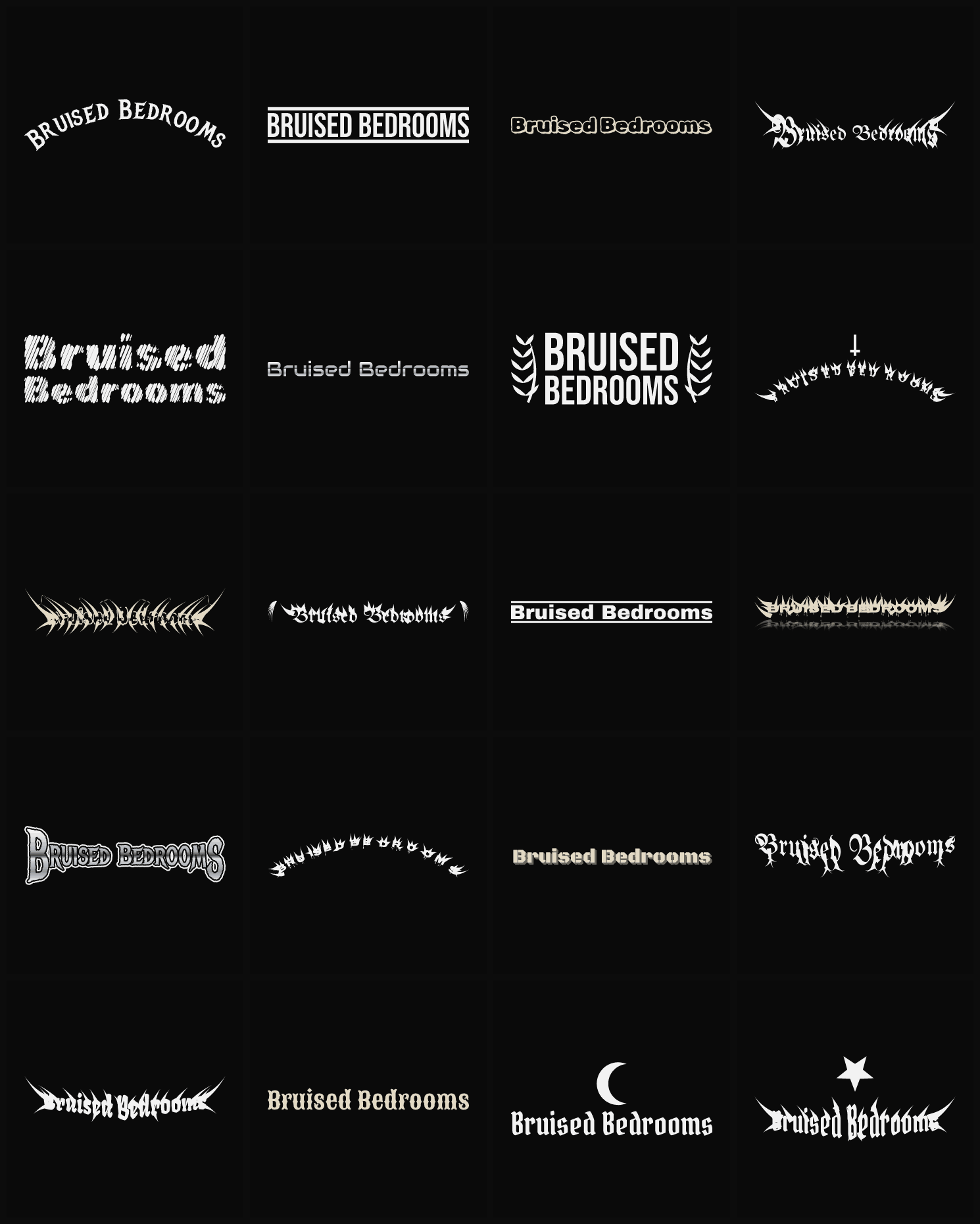 Twenty Bruised Bedrooms band logo ideas — different faces, treatments and spike settings