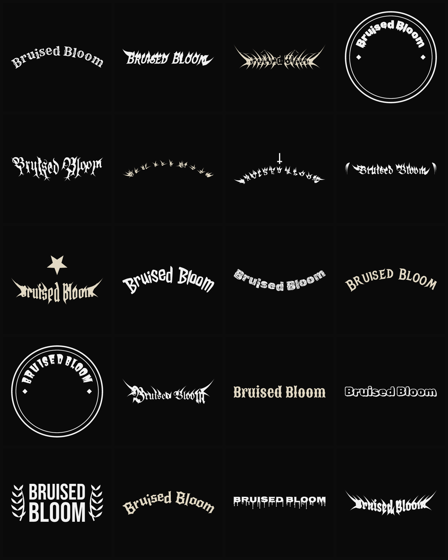 Twenty Bruised Bloom band logo ideas — different faces, treatments and spike settings