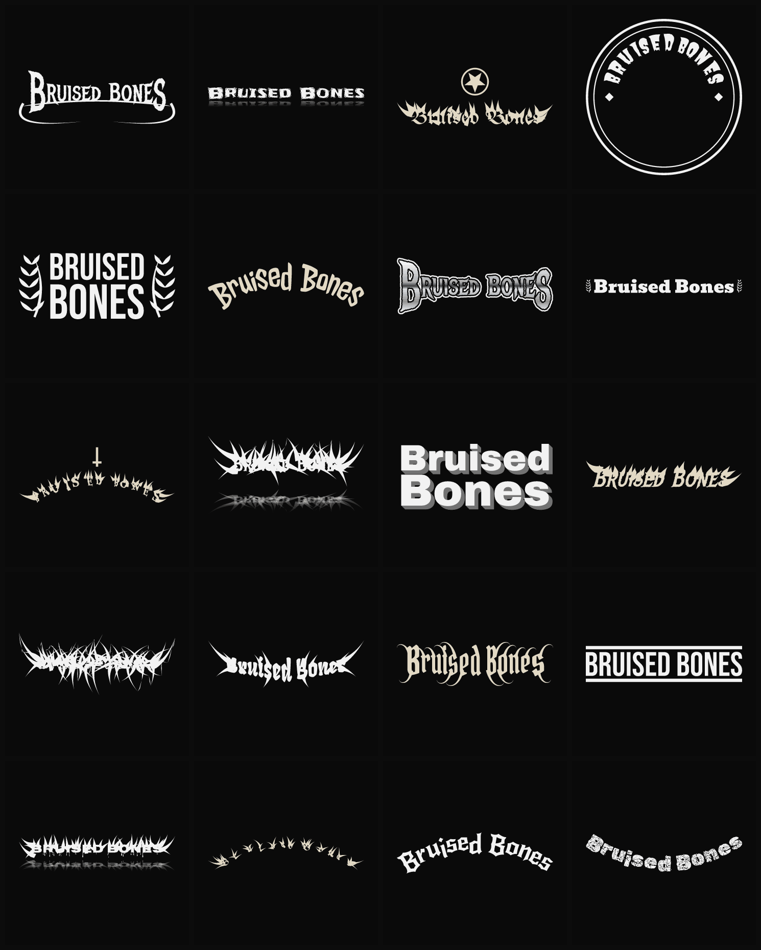 Twenty Bruised Bones band logo ideas — different faces, treatments and spike settings