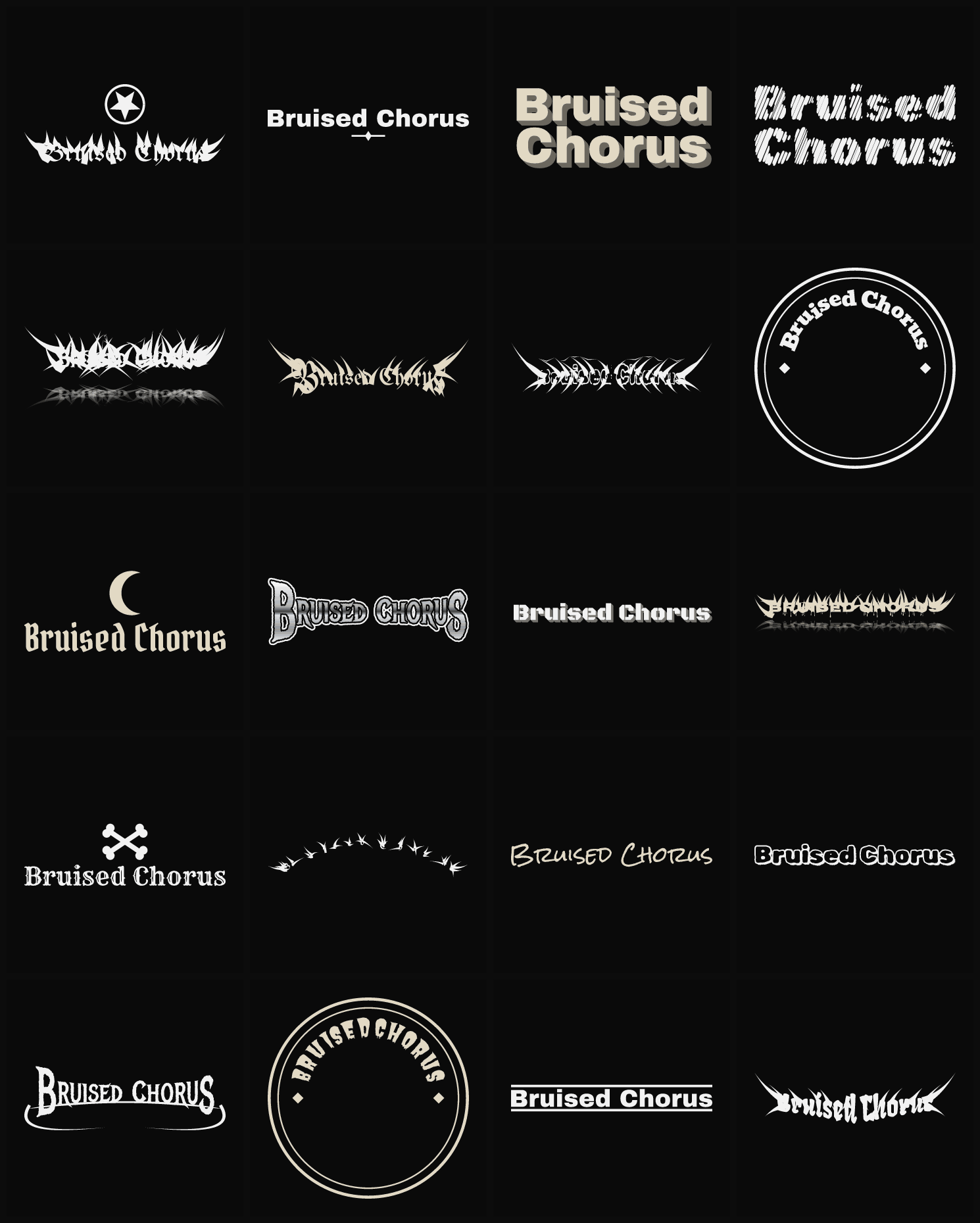 Twenty Bruised Chorus band logo ideas — different faces, treatments and spike settings