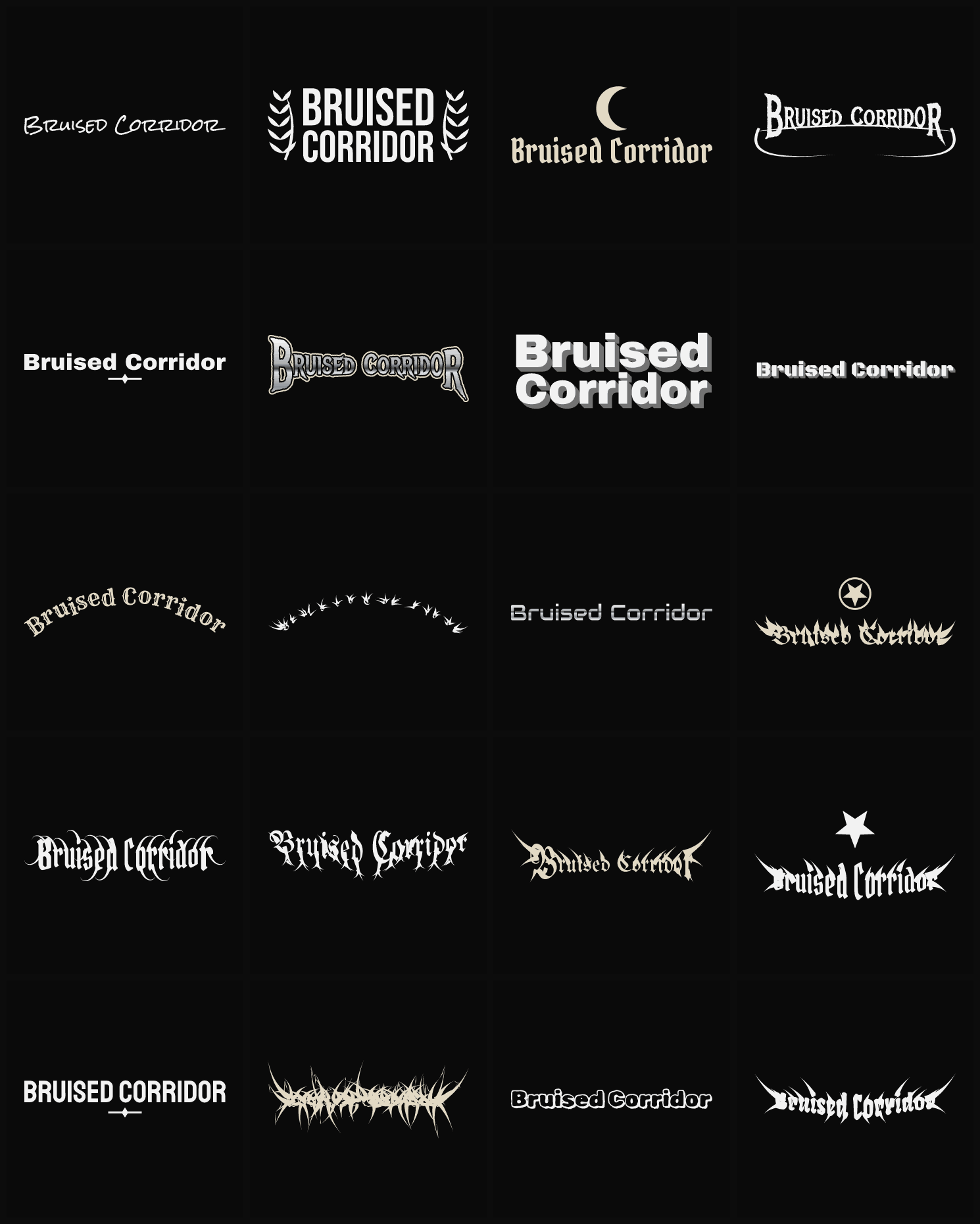 Twenty Bruised Corridor band logo ideas — different faces, treatments and spike settings