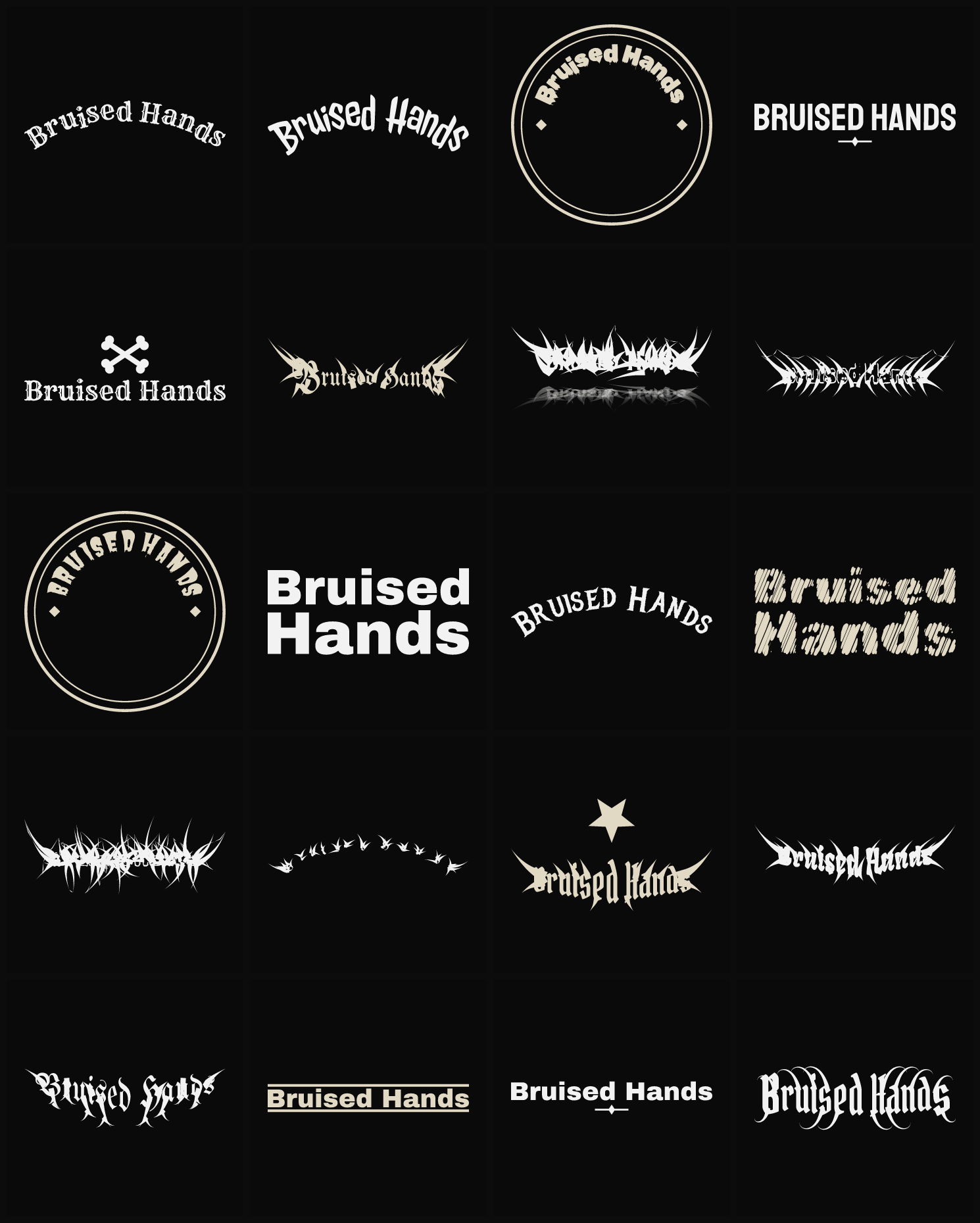 Twenty Bruised Hands band logo ideas — different faces, treatments and spike settings