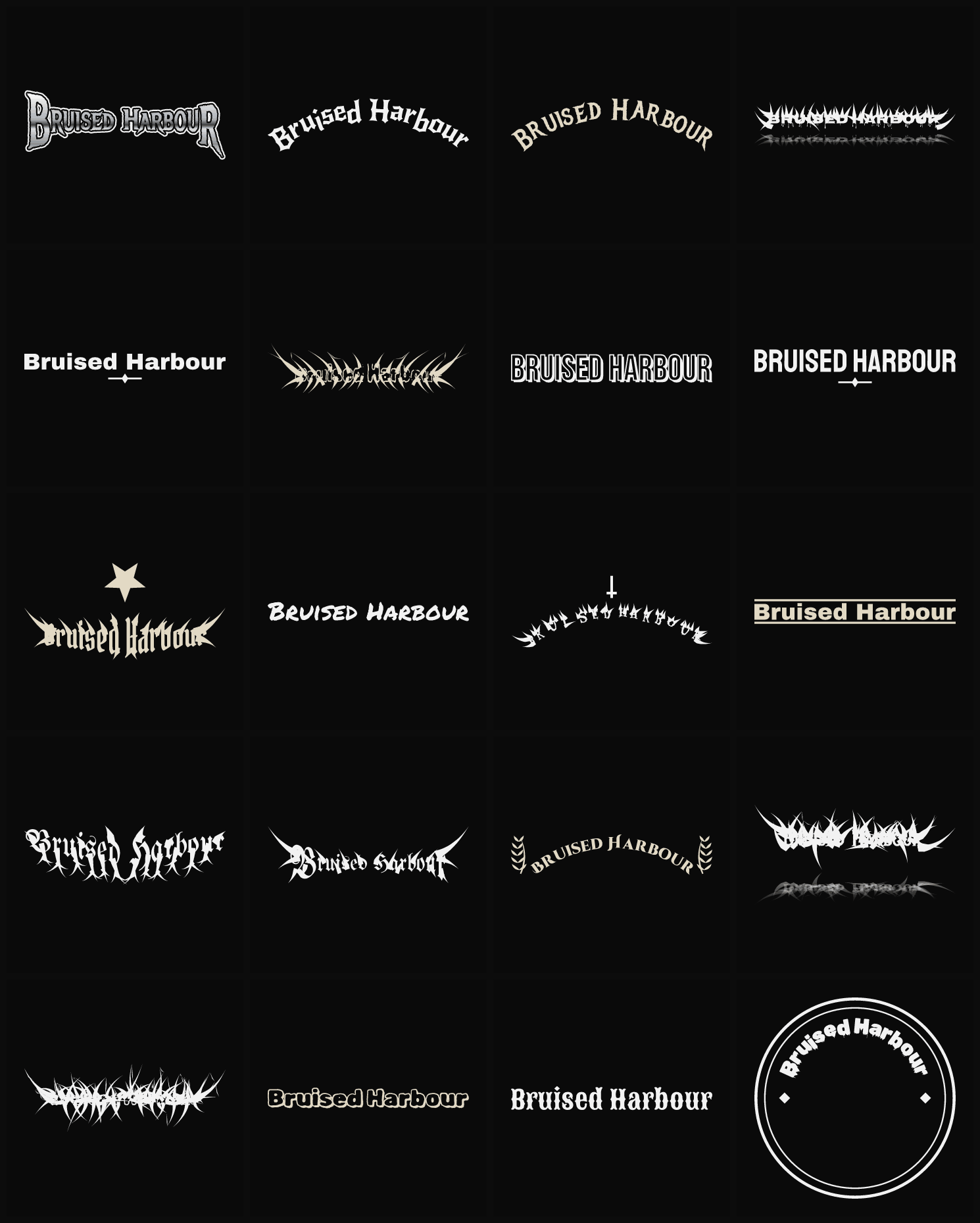 Twenty Bruised Harbour band logo ideas — different faces, treatments and spike settings