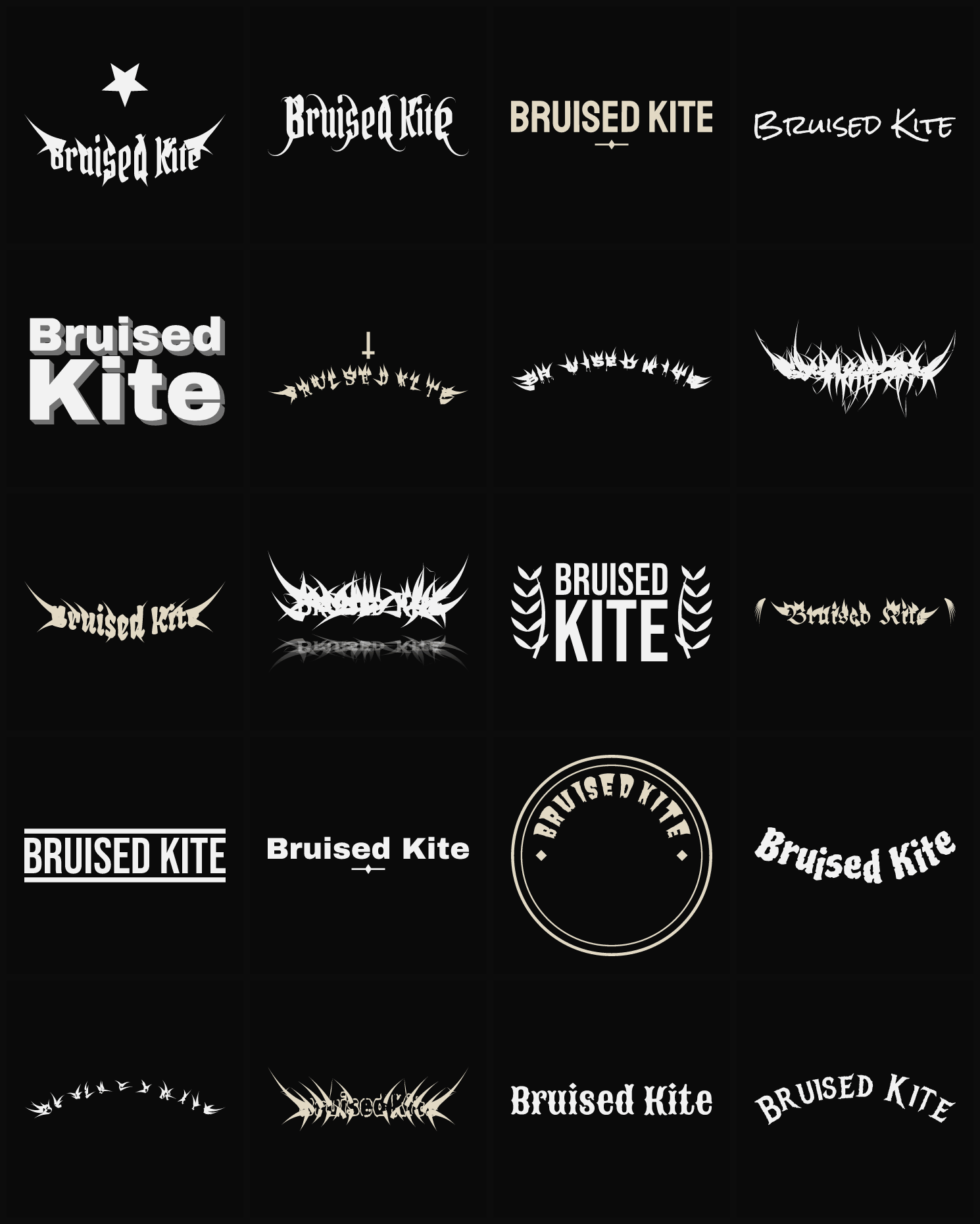 Twenty Bruised Kite band logo ideas — different faces, treatments and spike settings