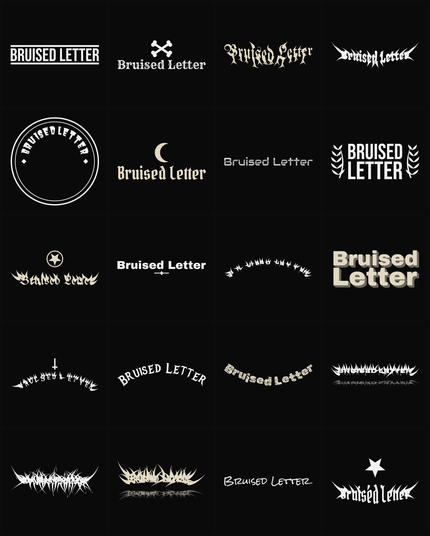 Twenty Bruised Letter band logo ideas — different faces, treatments and spike settings