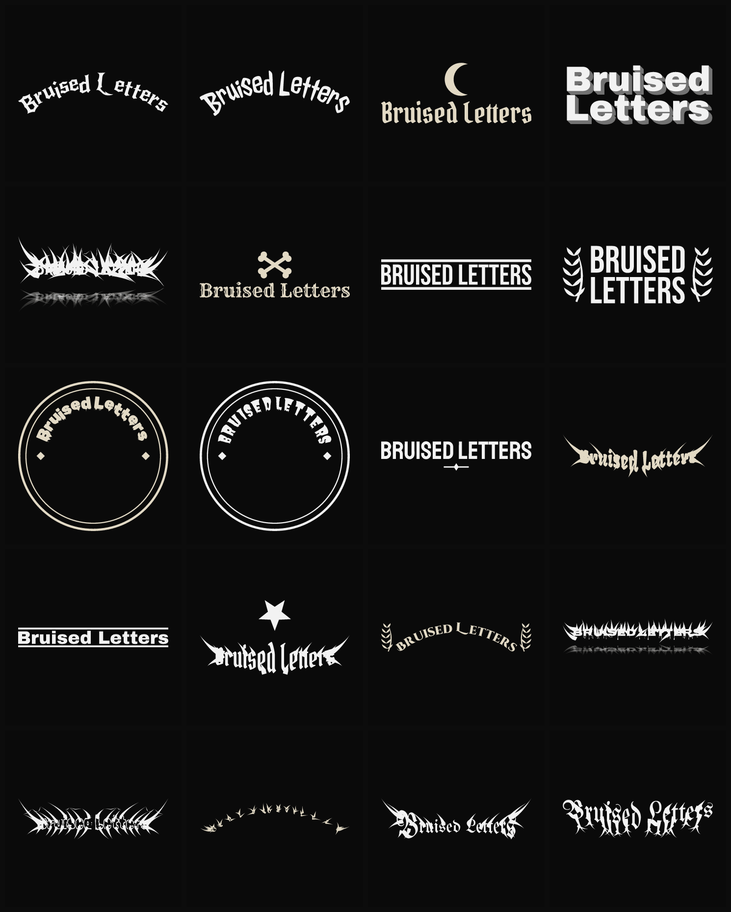 Twenty Bruised Letters band logo ideas — different faces, treatments and spike settings