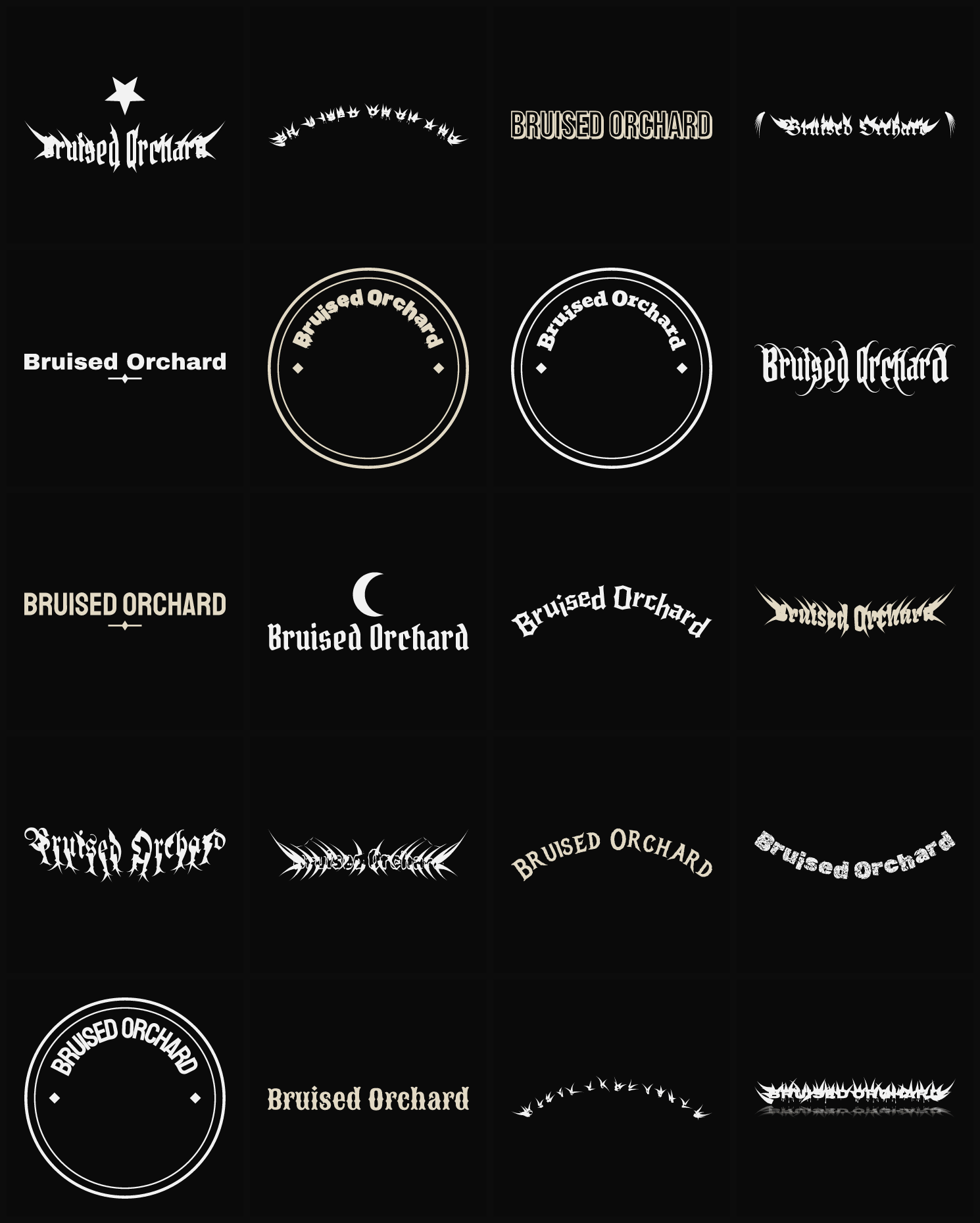 Twenty Bruised Orchard band logo ideas — different faces, treatments and spike settings