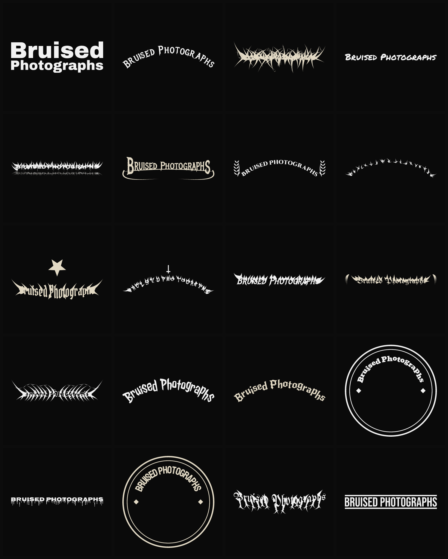 Twenty Bruised Photographs band logo ideas — different faces, treatments and spike settings