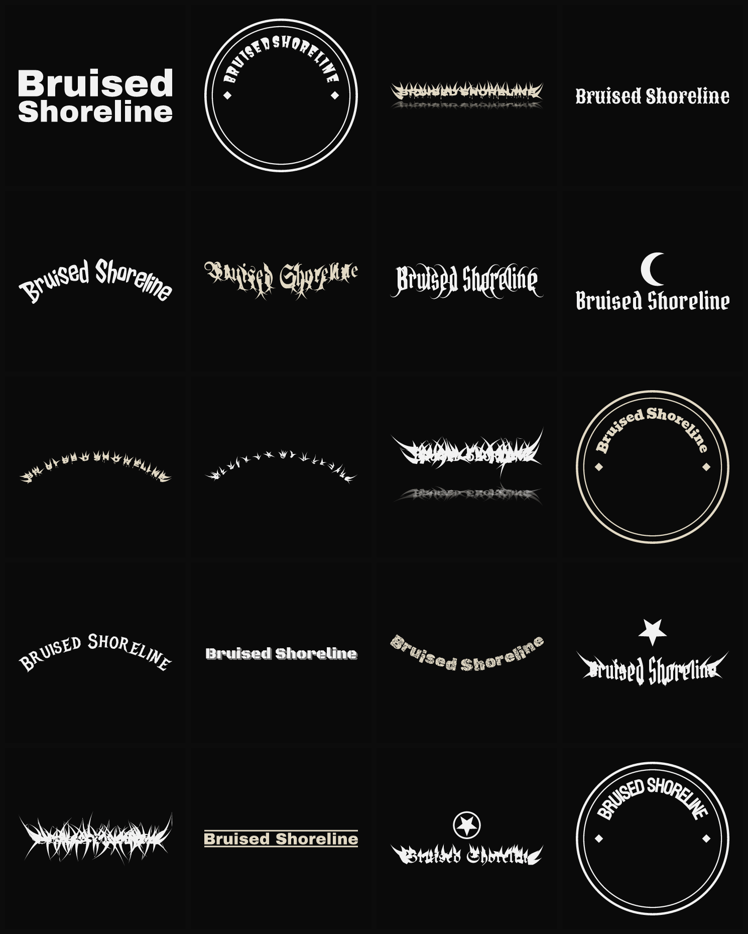 Twenty Bruised Shoreline band logo ideas — different faces, treatments and spike settings
