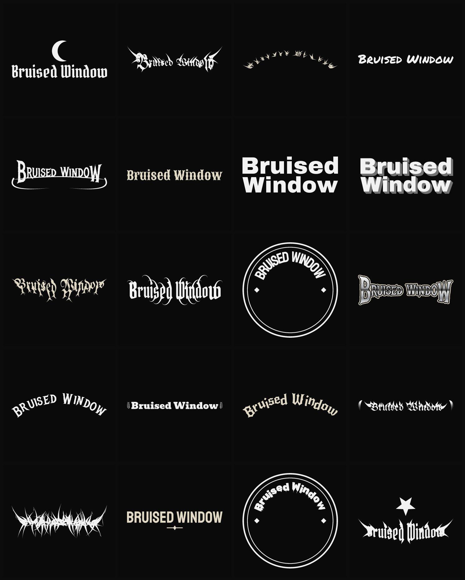 Twenty Bruised Window band logo ideas — different faces, treatments and spike settings