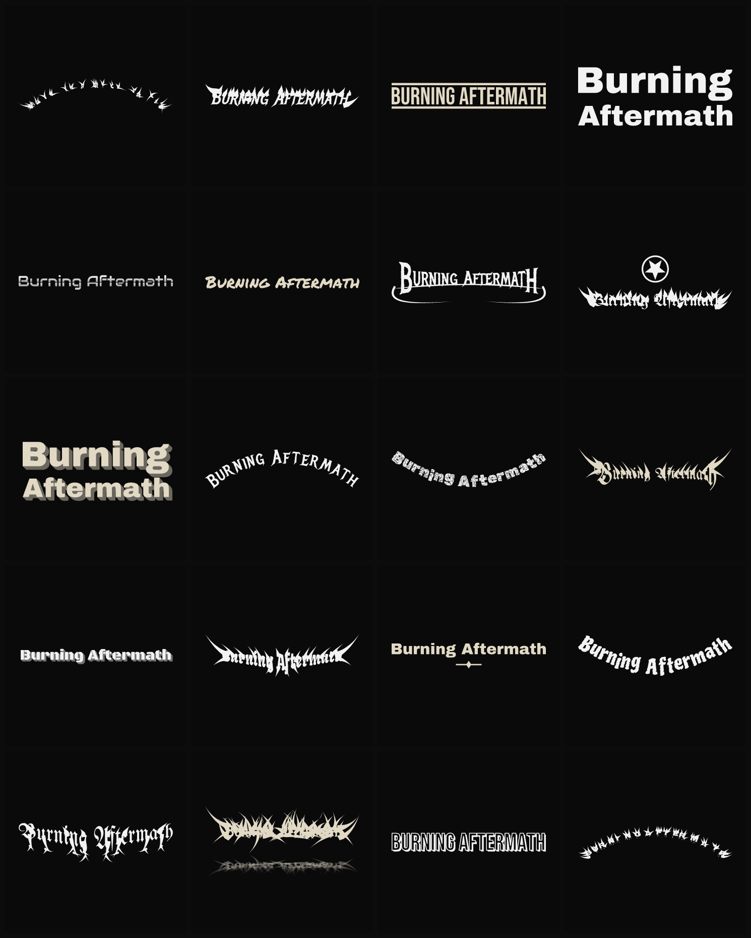 Twenty Burning Aftermath band logo ideas — different faces, treatments and spike settings