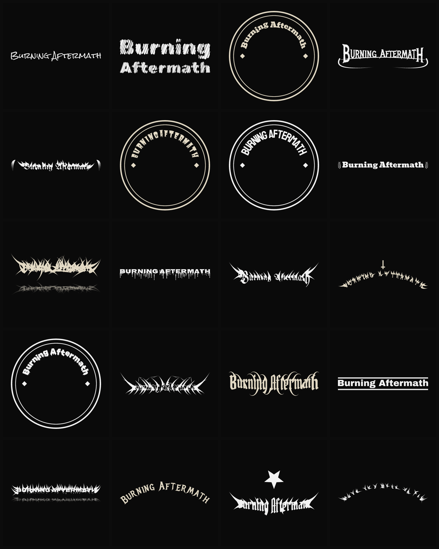 Twenty Burning Aftermath band logo ideas — different faces, treatments and spike settings
