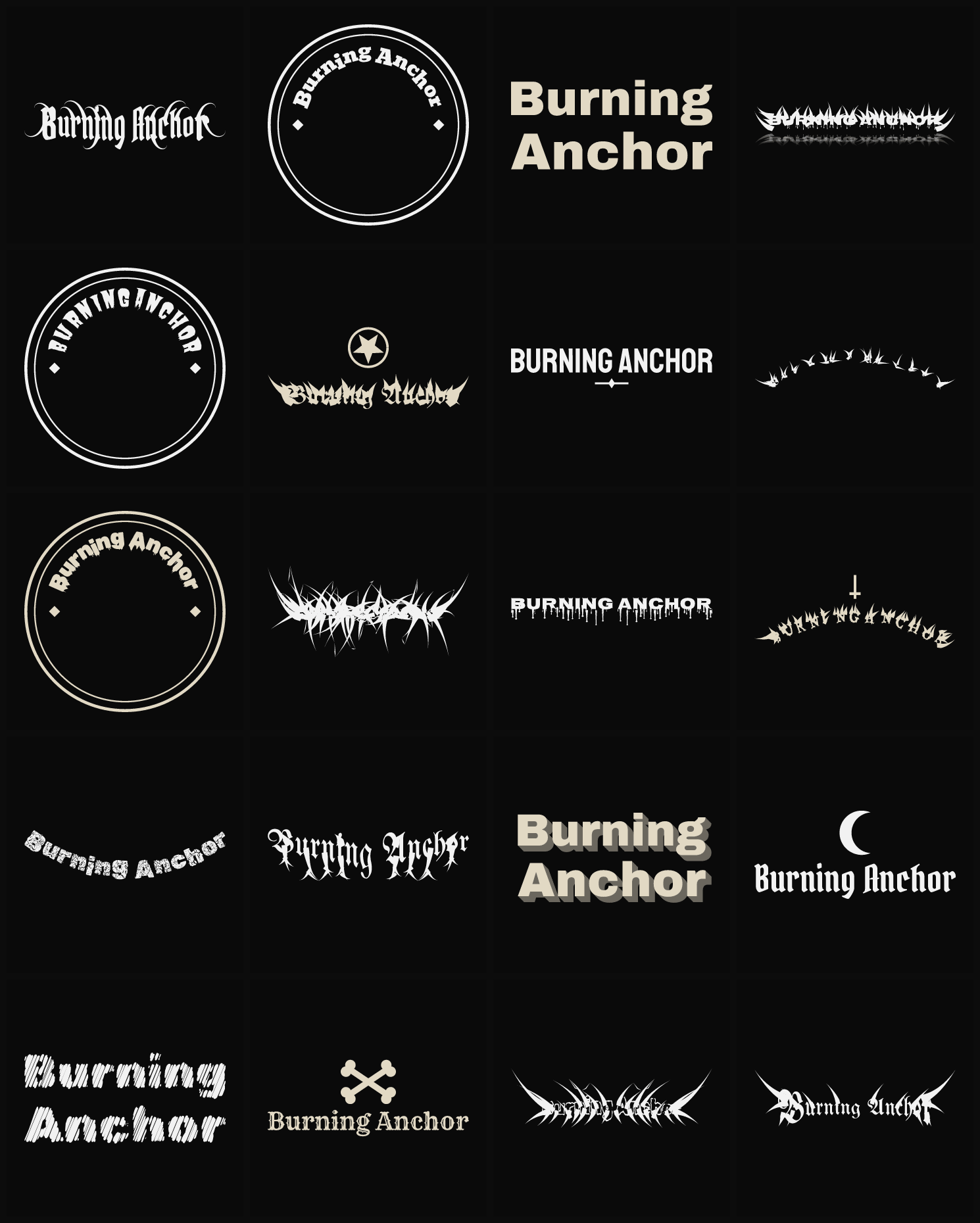 Twenty Burning Anchor band logo ideas — different faces, treatments and spike settings