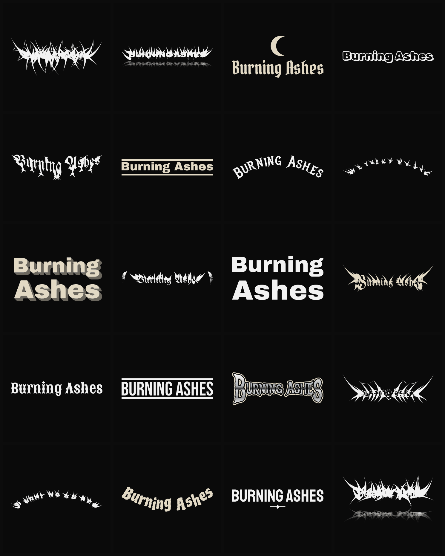 Twenty Burning Ashes band logo ideas — different faces, treatments and spike settings