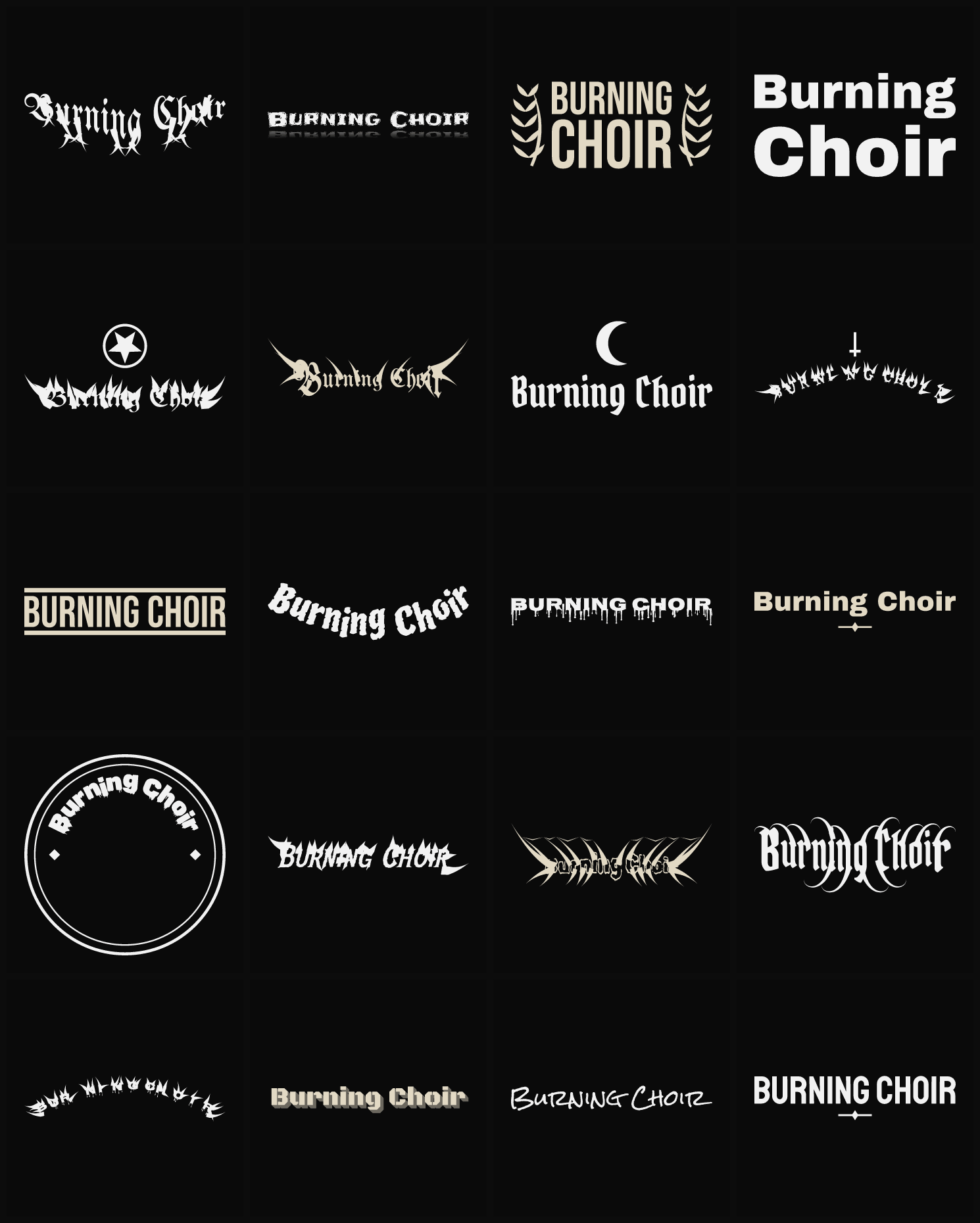 Twenty Burning Choir band logo ideas — different faces, treatments and spike settings