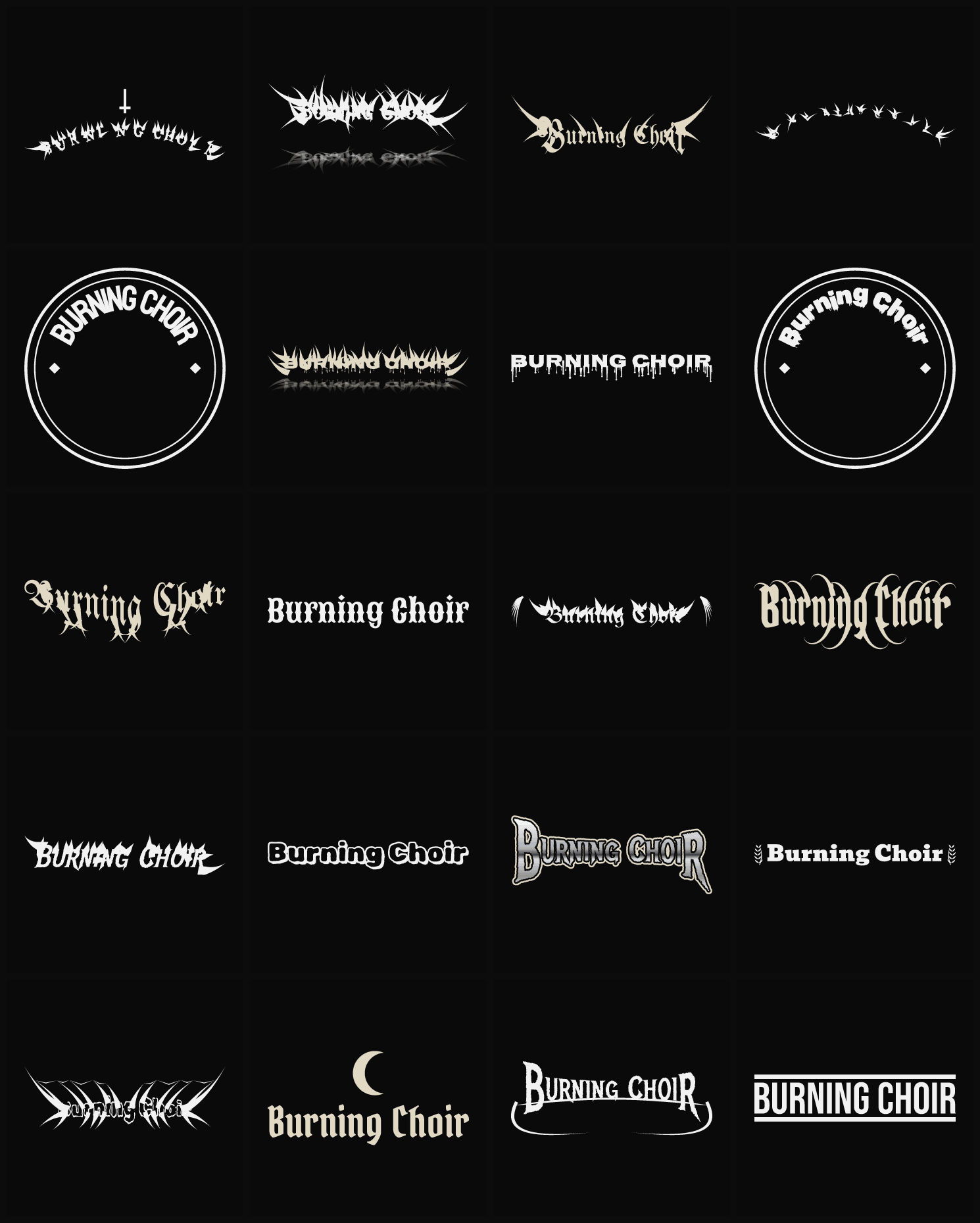 Twenty Burning Choir band logo ideas — different faces, treatments and spike settings