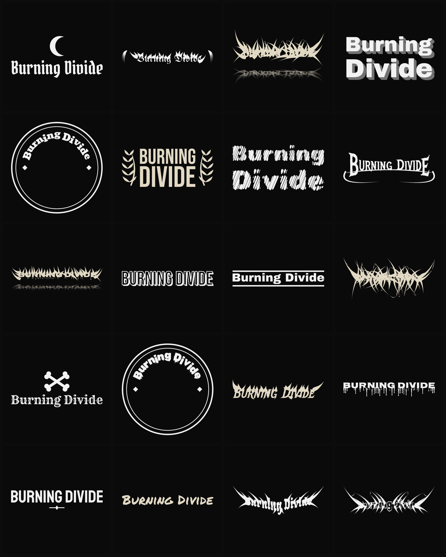 Twenty Burning Divide band logo ideas — different faces, treatments and spike settings