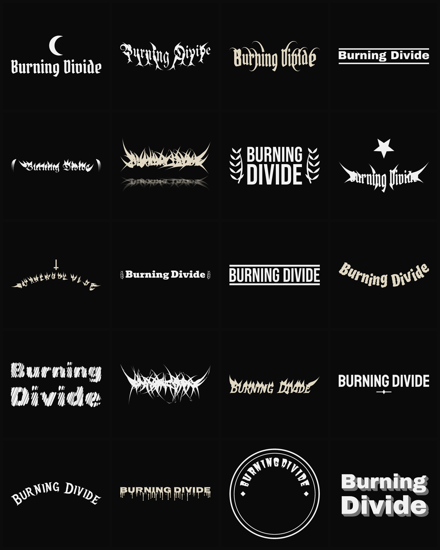 Twenty Burning Divide band logo ideas — different faces, treatments and spike settings
