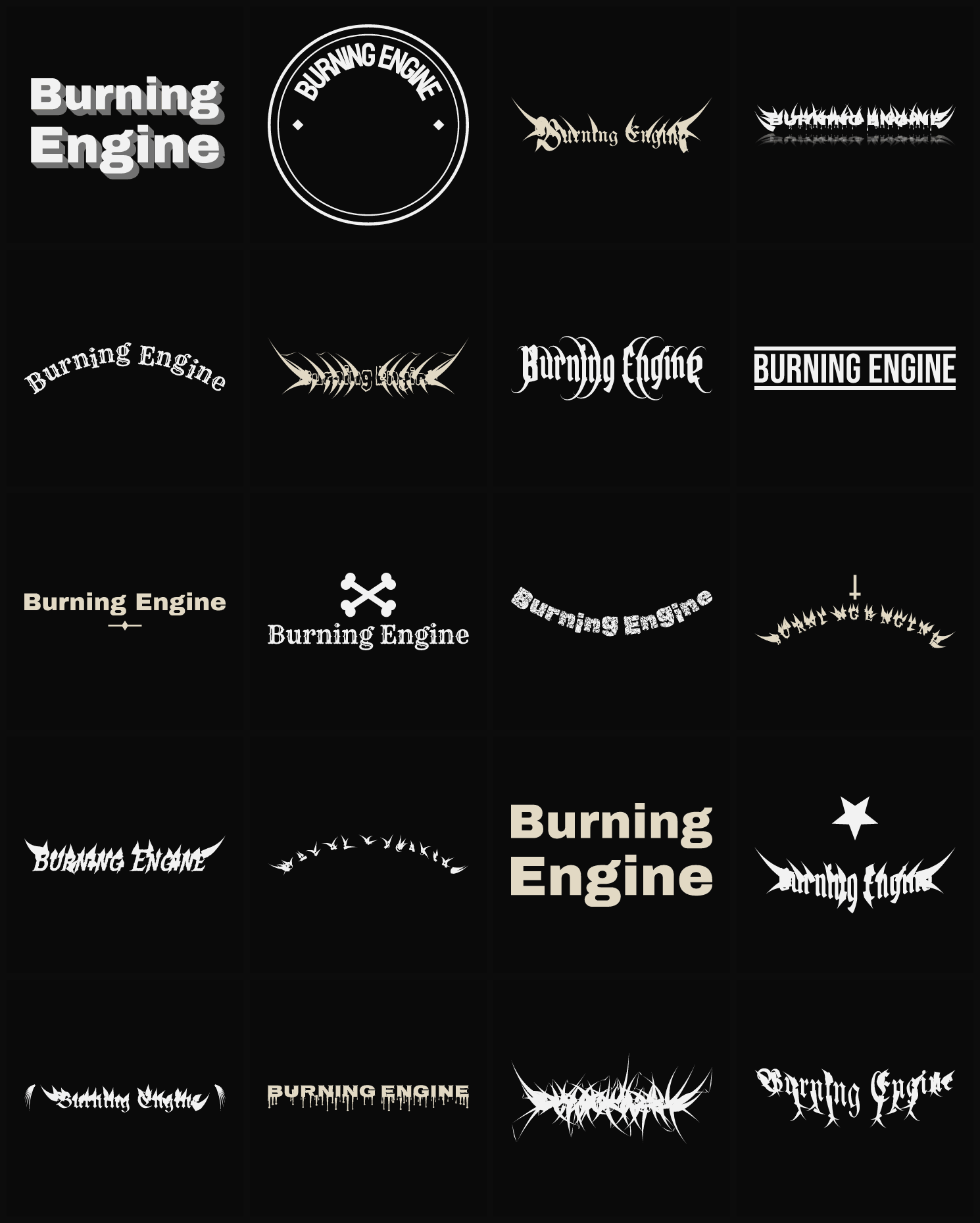 Twenty Burning Engine band logo ideas — different faces, treatments and spike settings