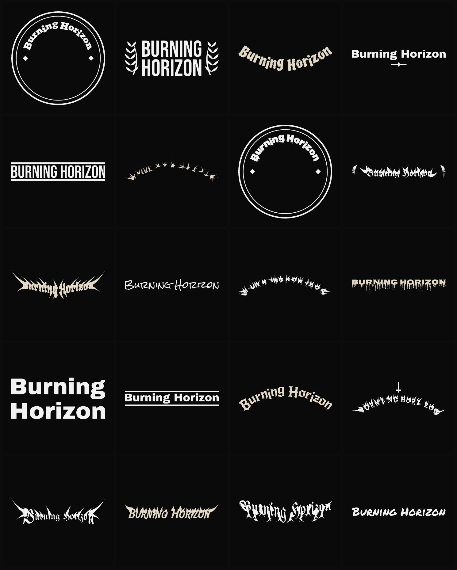 Twenty Burning Horizon band logo ideas — different faces, treatments and spike settings