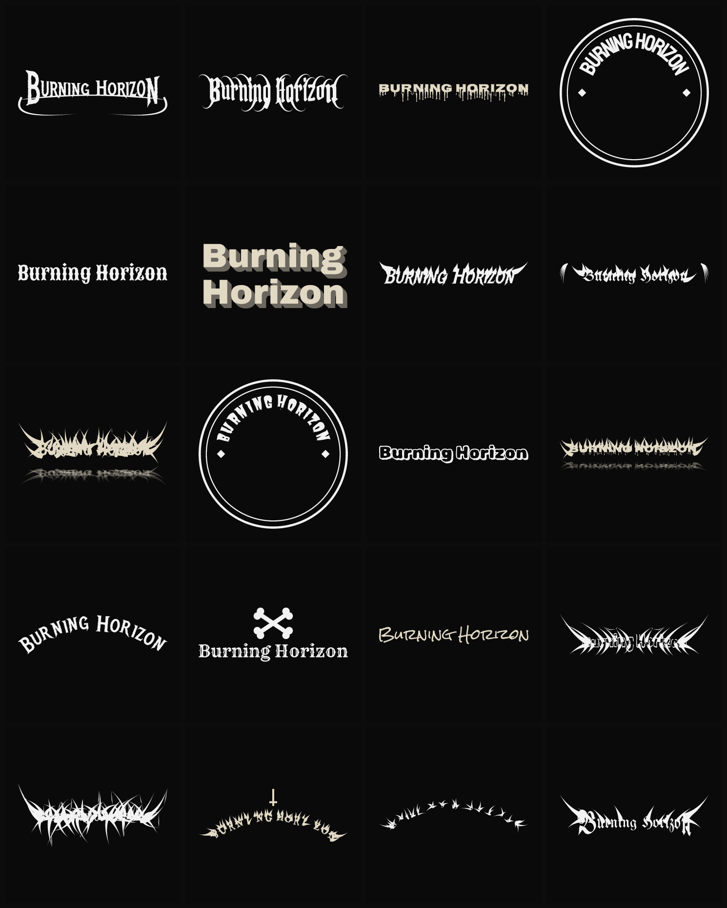Twenty Burning Horizon band logo ideas — different faces, treatments and spike settings