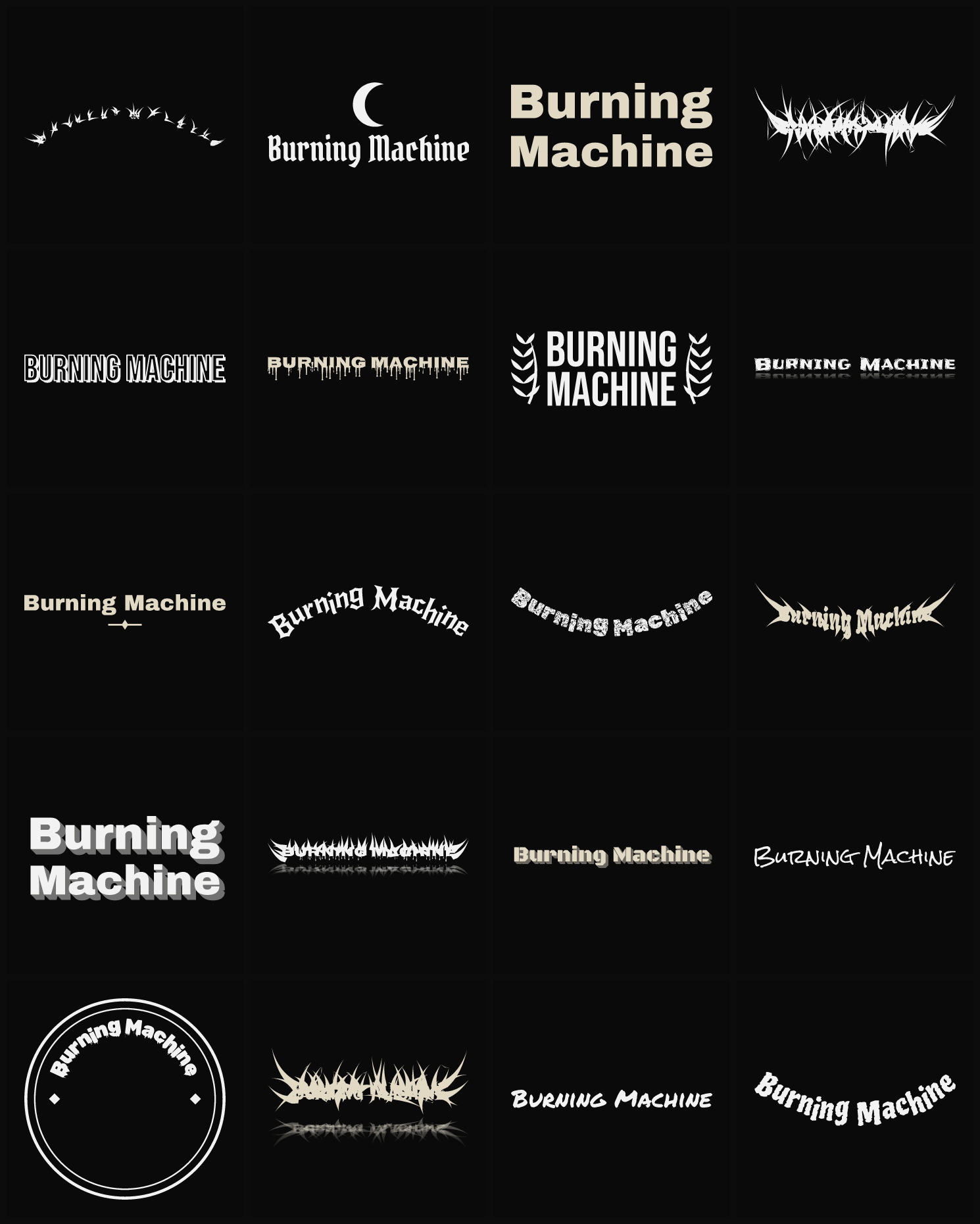 Twenty Burning Machine band logo ideas — different faces, treatments and spike settings