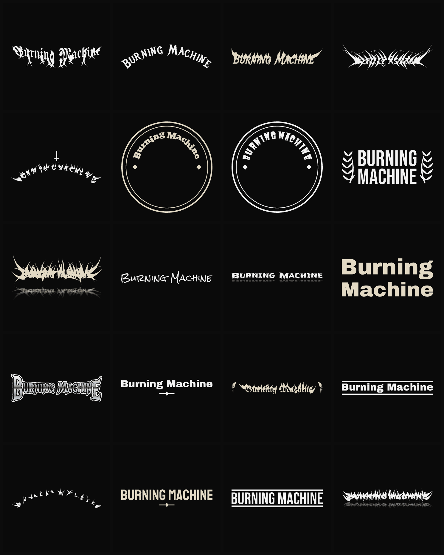 Twenty Burning Machine band logo ideas — different faces, treatments and spike settings