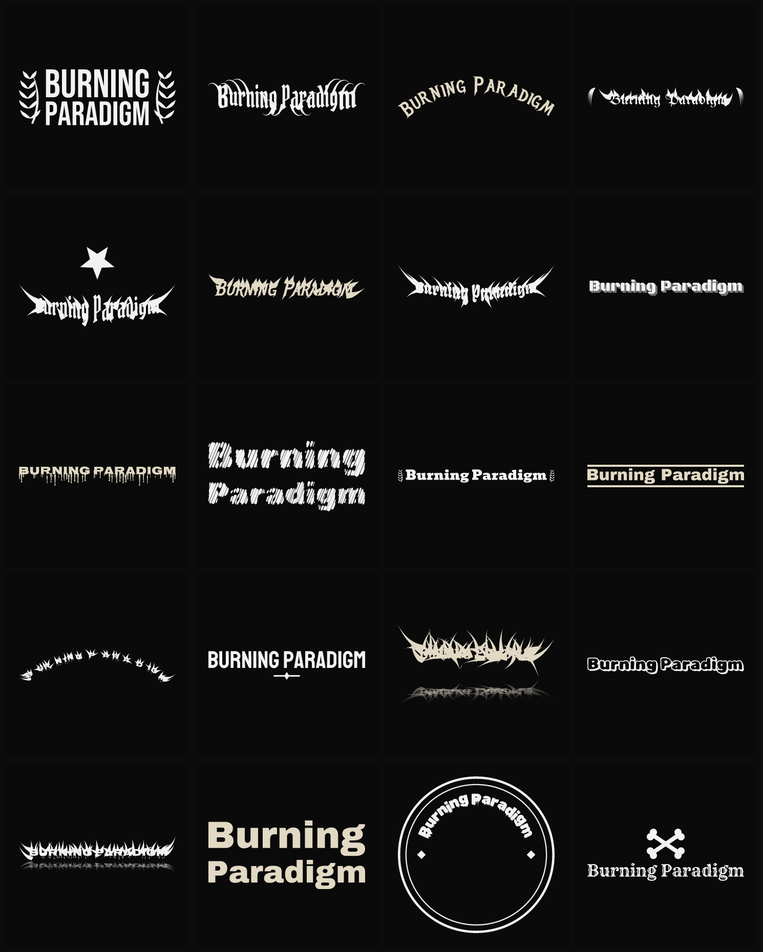 Twenty Burning Paradigm band logo ideas — different faces, treatments and spike settings