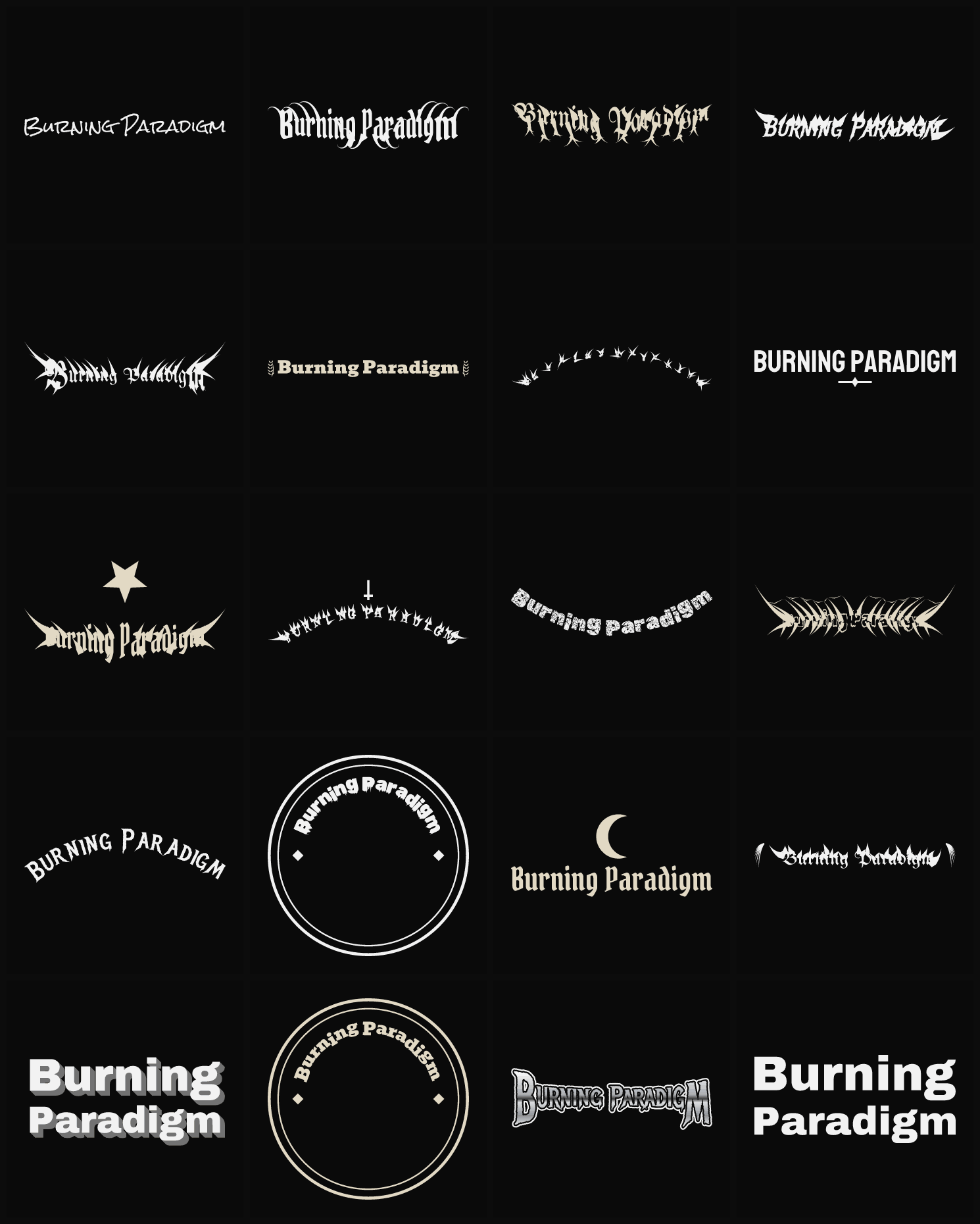 Twenty Burning Paradigm band logo ideas — different faces, treatments and spike settings