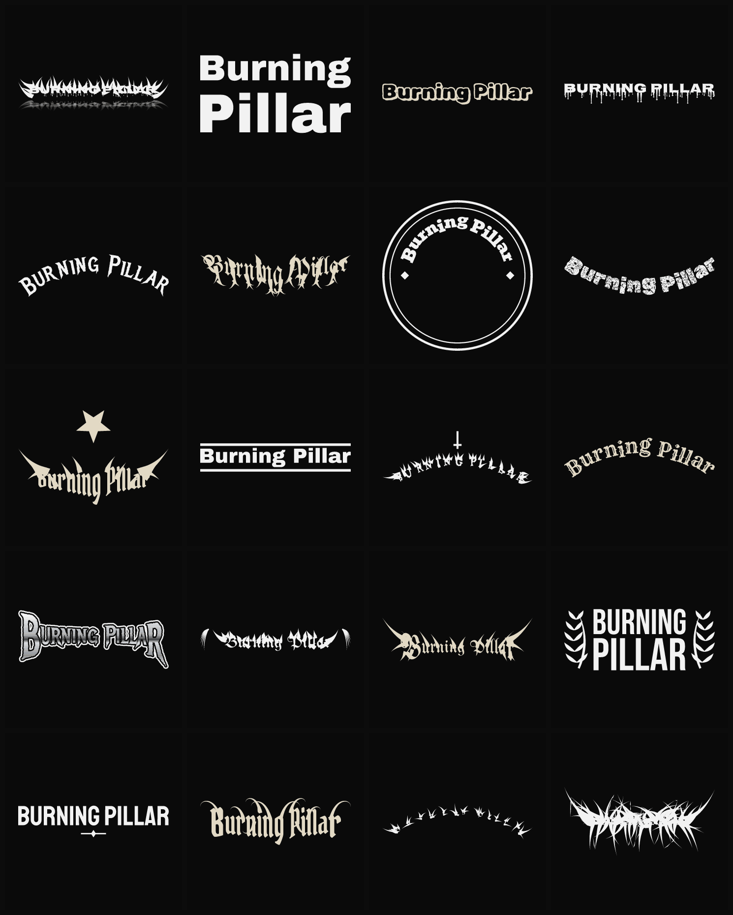 Twenty Burning Pillar band logo ideas — different faces, treatments and spike settings