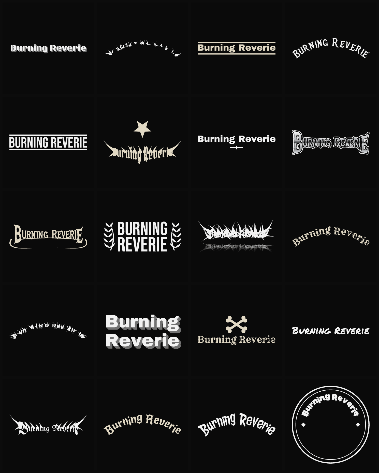 Twenty Burning Reverie band logo ideas — different faces, treatments and spike settings
