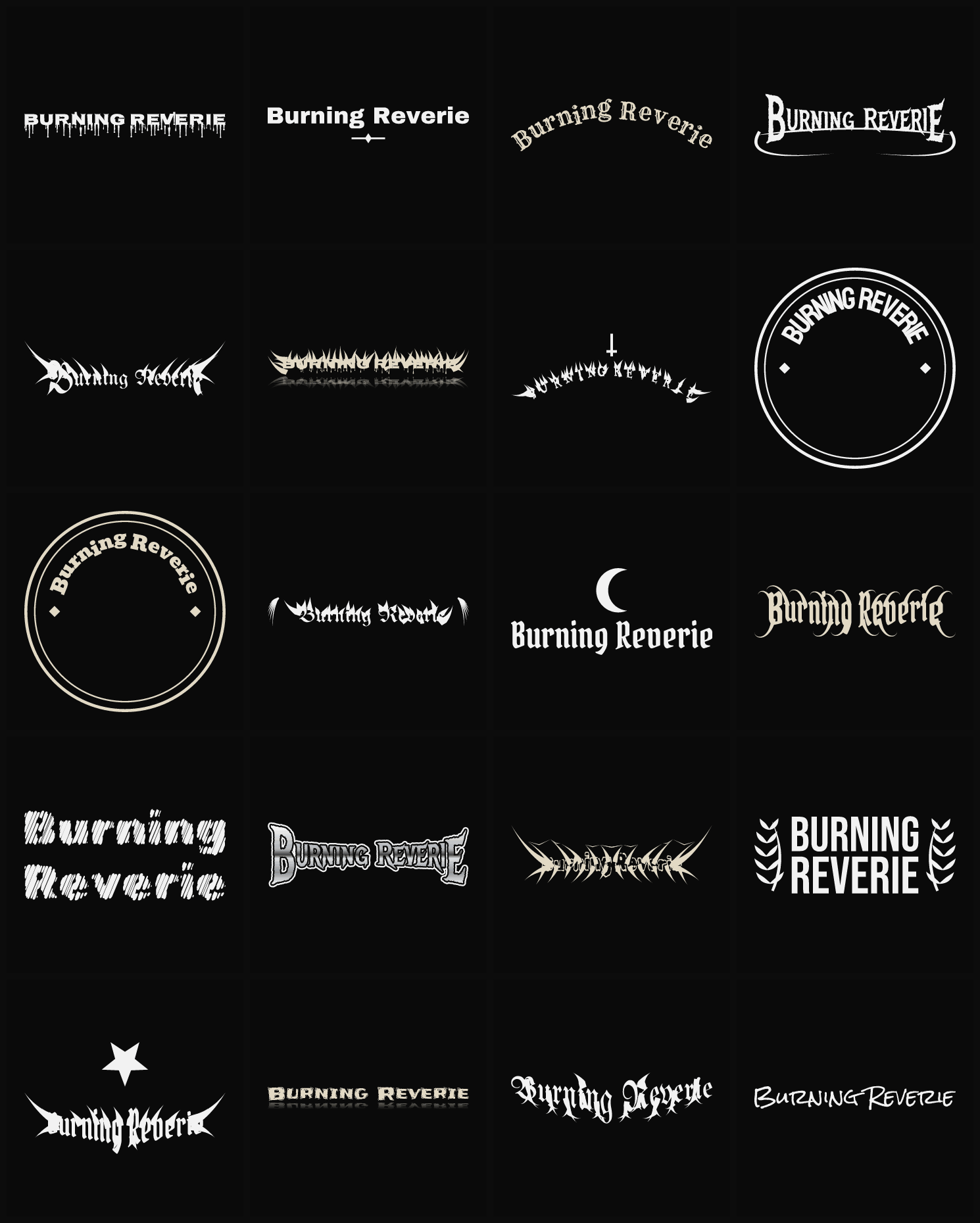 Twenty Burning Reverie band logo ideas — different faces, treatments and spike settings