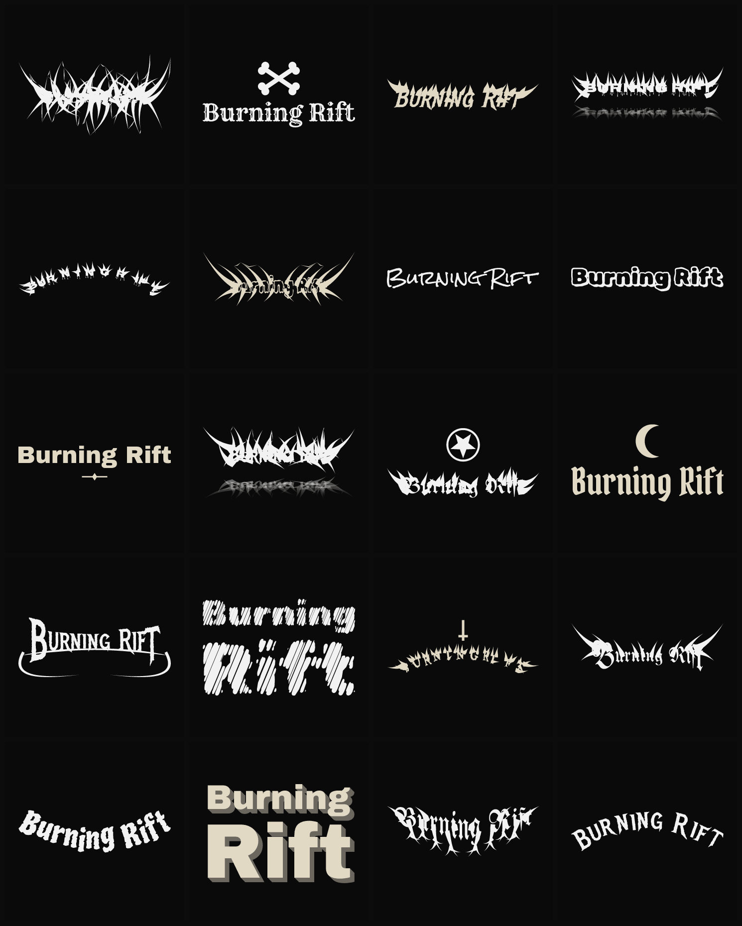 Twenty Burning Rift band logo ideas — different faces, treatments and spike settings