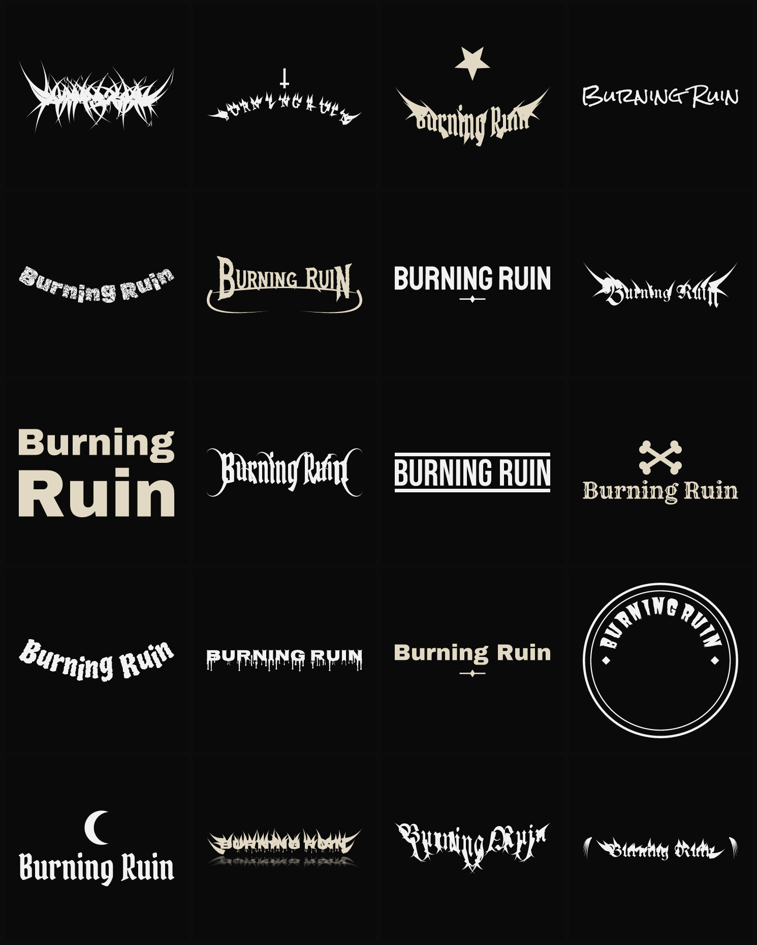 Twenty Burning Ruin band logo ideas — different faces, treatments and spike settings