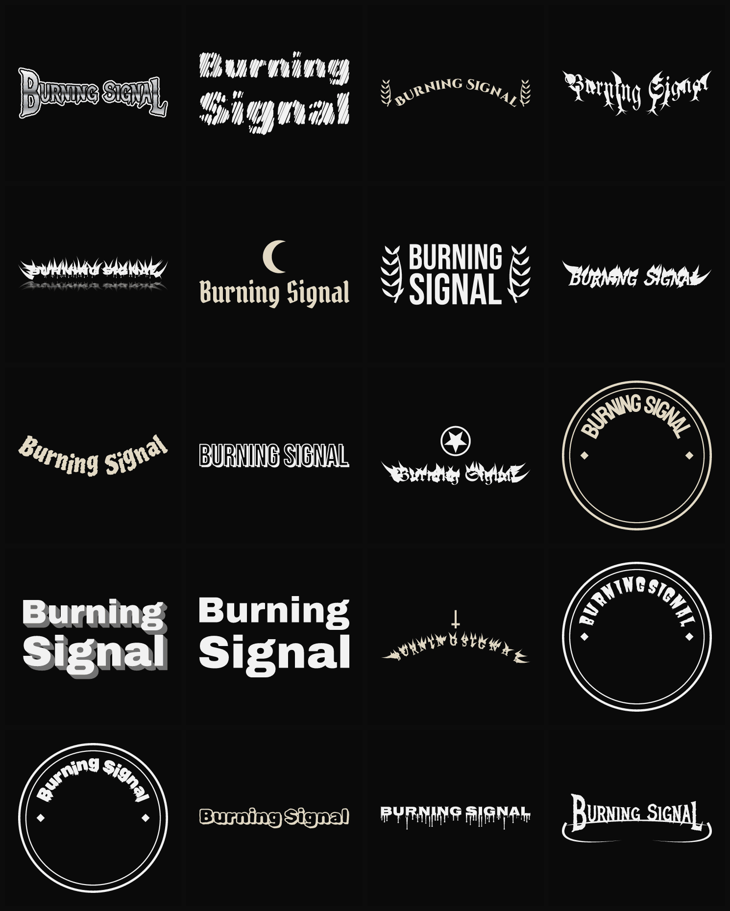 Twenty Burning Signal band logo ideas — different faces, treatments and spike settings