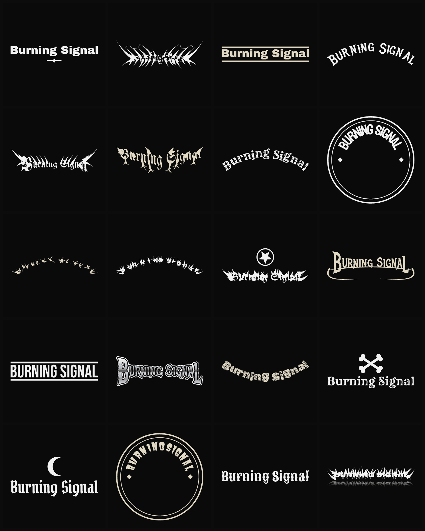 Twenty Burning Signal band logo ideas — different faces, treatments and spike settings