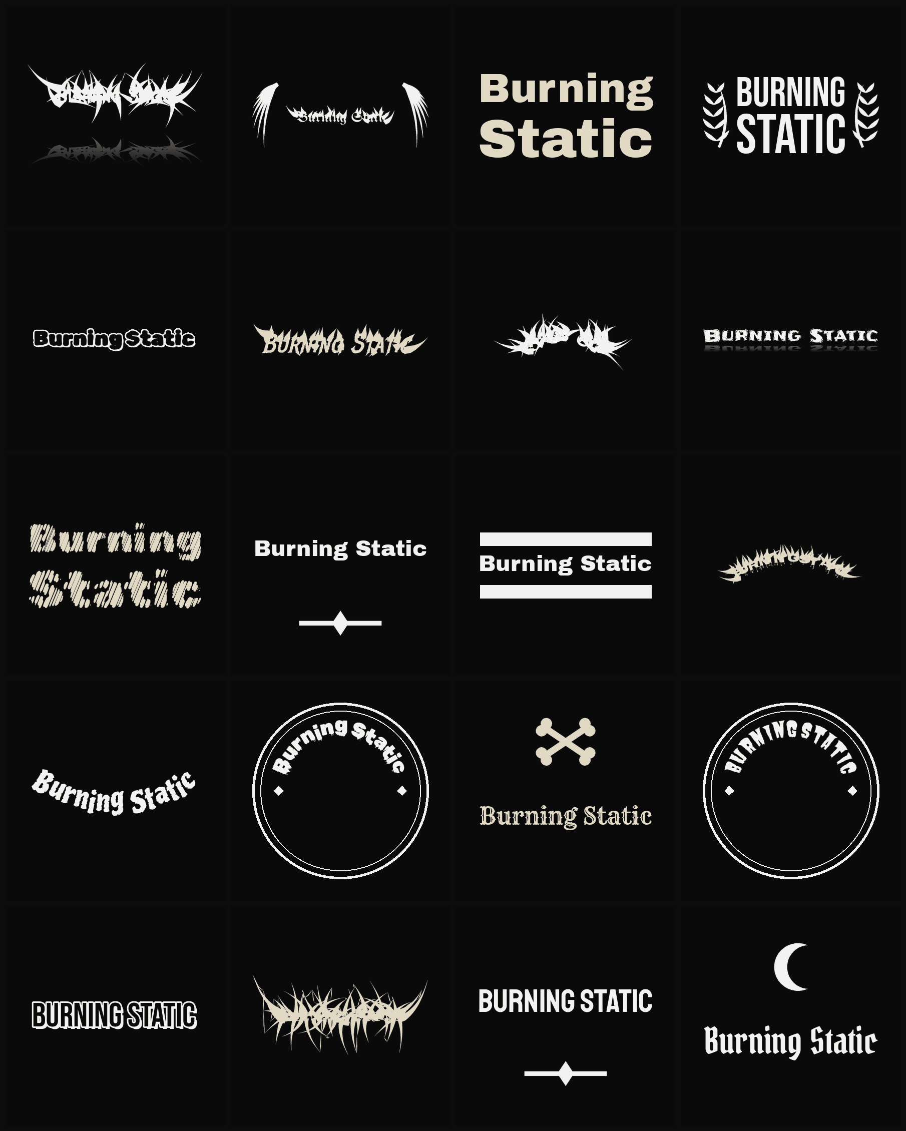 Twenty Burning Static band logo ideas — different faces, treatments and spike settings