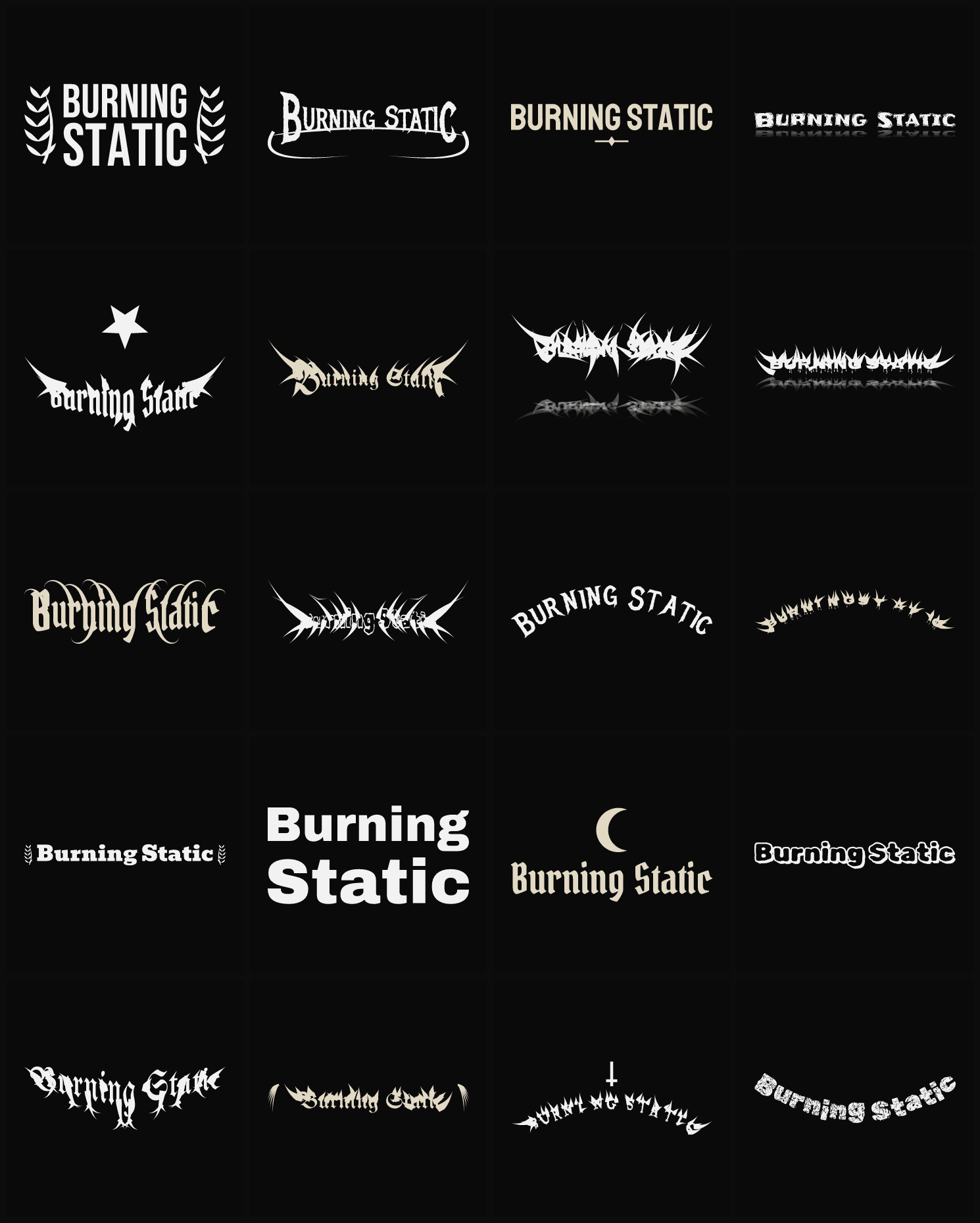 Twenty Burning Static band logo ideas — different faces, treatments and spike settings