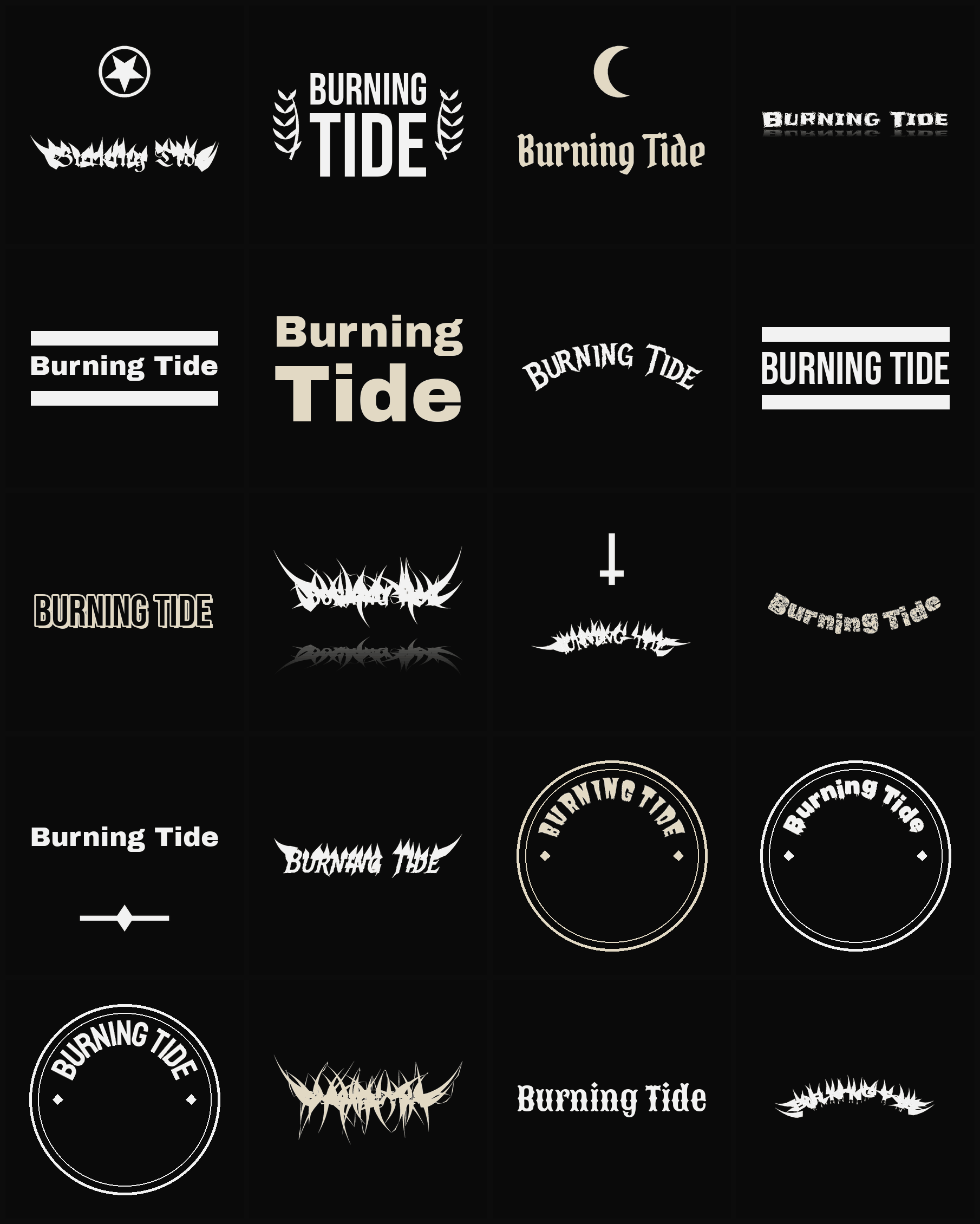 Twenty Burning Tide band logo ideas — different faces, treatments and spike settings