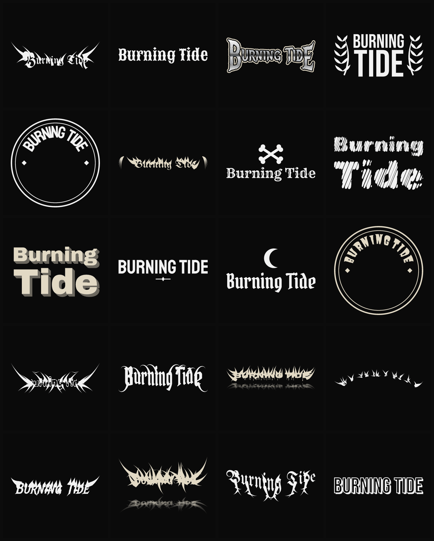 Twenty Burning Tide band logo ideas — different faces, treatments and spike settings